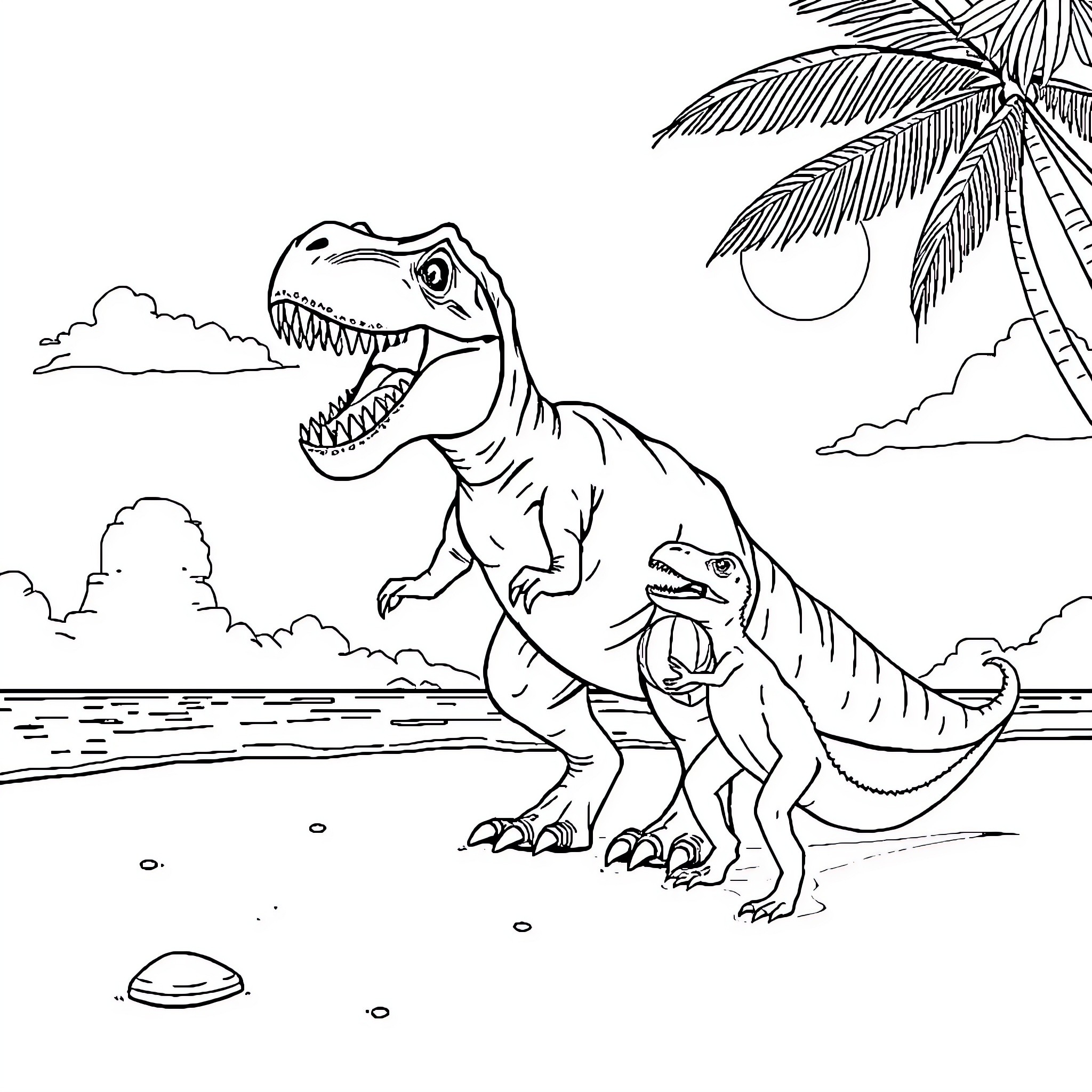 Tyrannosaurus Rex Dinosaurs Roaring on the Beach Coloring Page (free black-and-white line drawing printable PDF for all, from beginners to advanced learners, including children, teens, adults, and seniors)