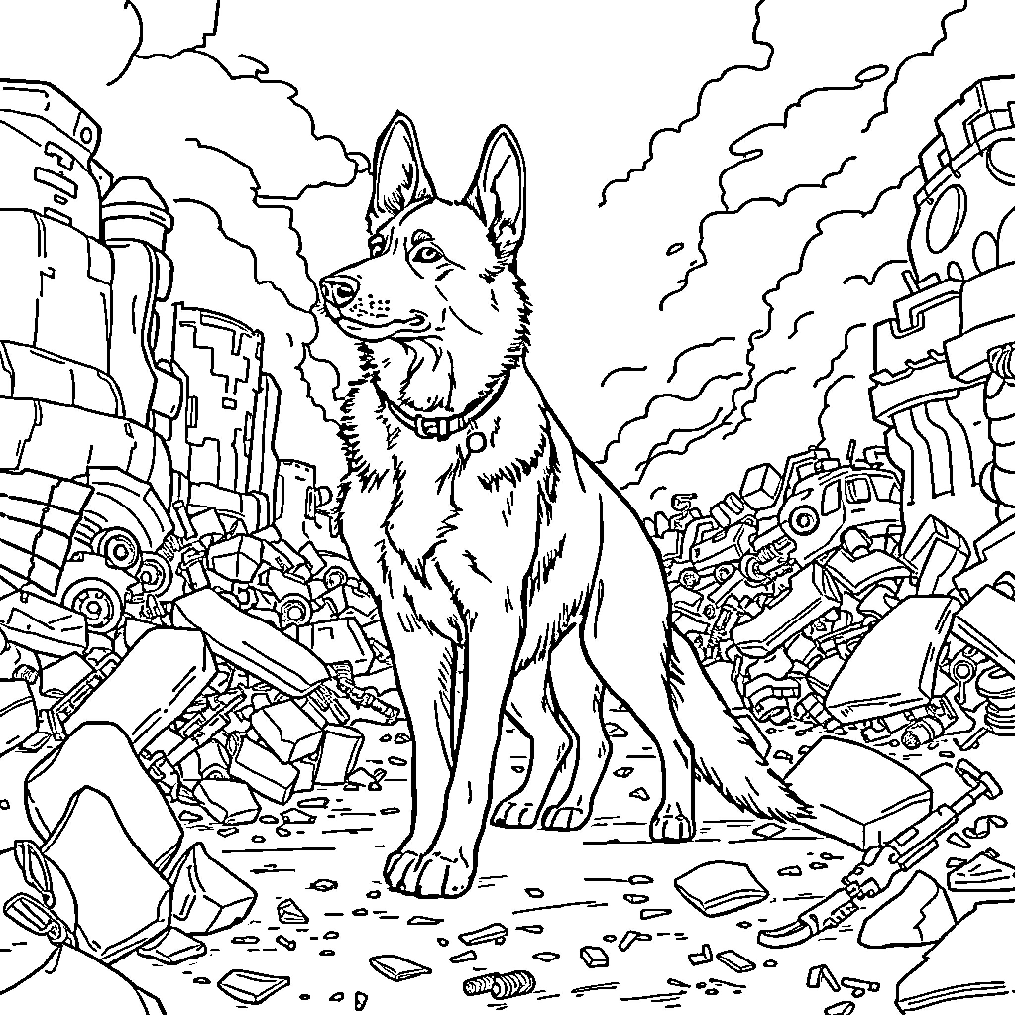 German Shepherd Guarding Destroyed City Coloring Page (free black-and-white line drawing printable PDF for all, from beginners to advanced learners, including children, teens, adults, and seniors)