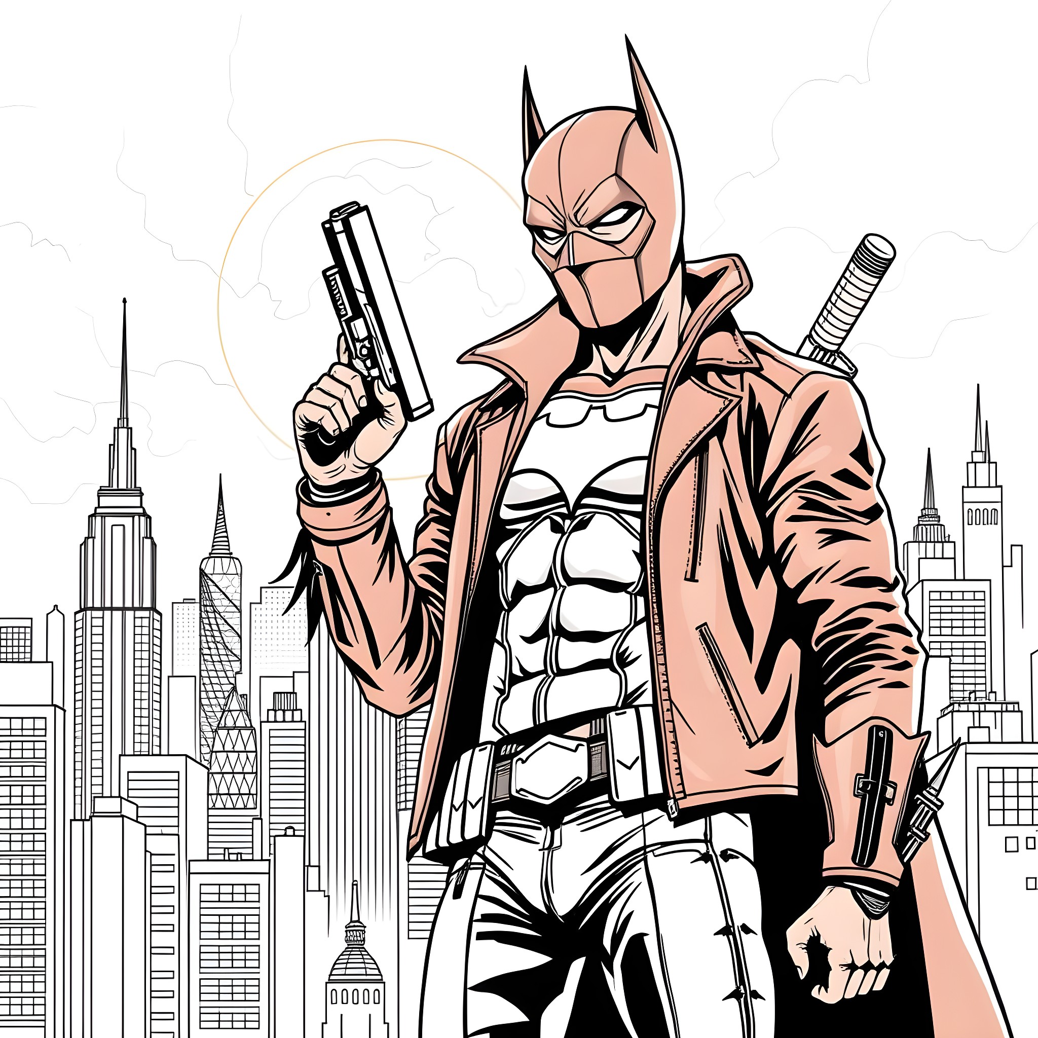 Red Hood Armed Hero Stands Tall in City Skyline Coloring Page (free black-and-white line drawing printable PDF for all, from beginners to advanced learners, including children, teens, adults, and seniors)