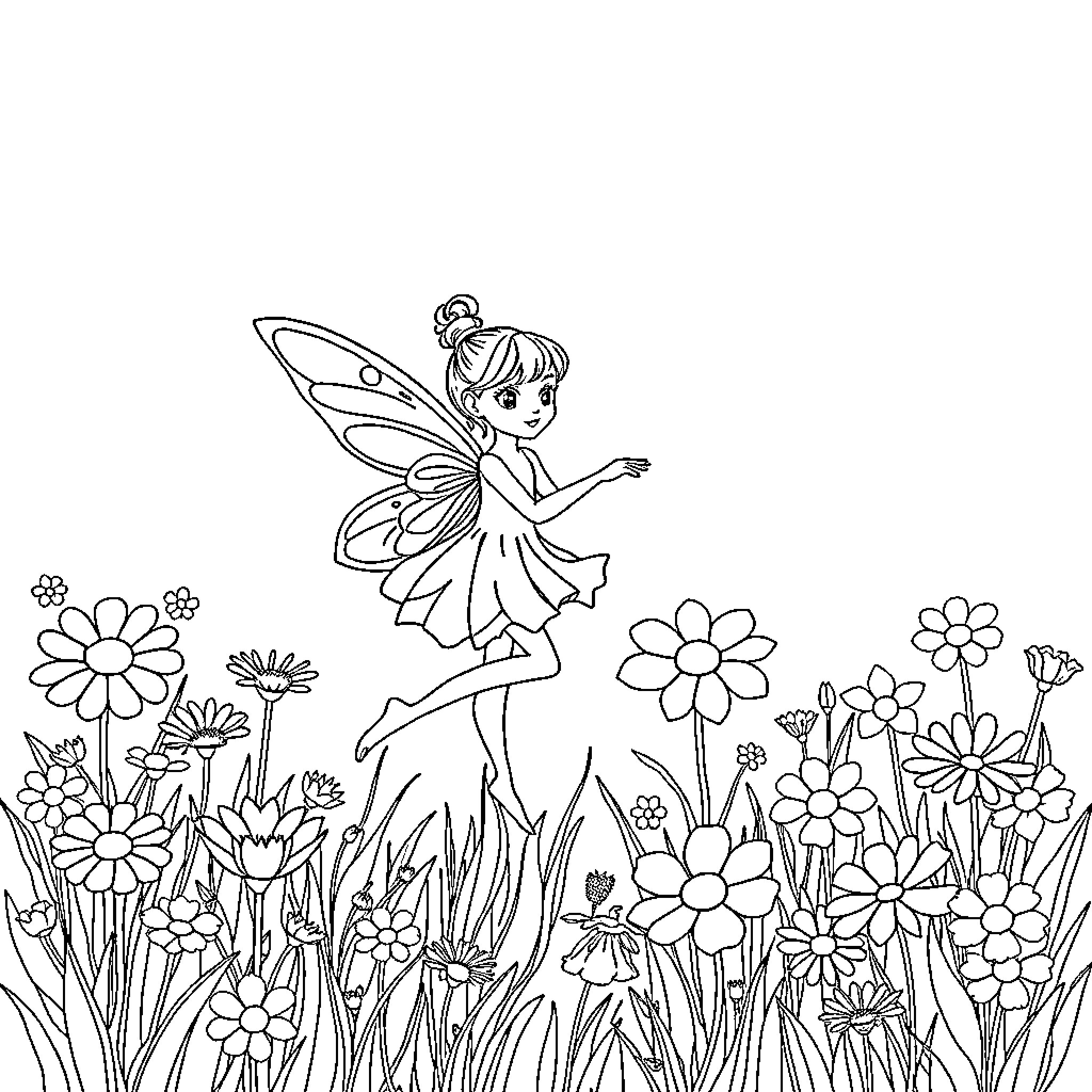 Fairy exploring the whimsical flower garden Coloring Page (free black-and-white line drawing printable PDF for all, from beginners to advanced learners, including children, teens, adults, and seniors)