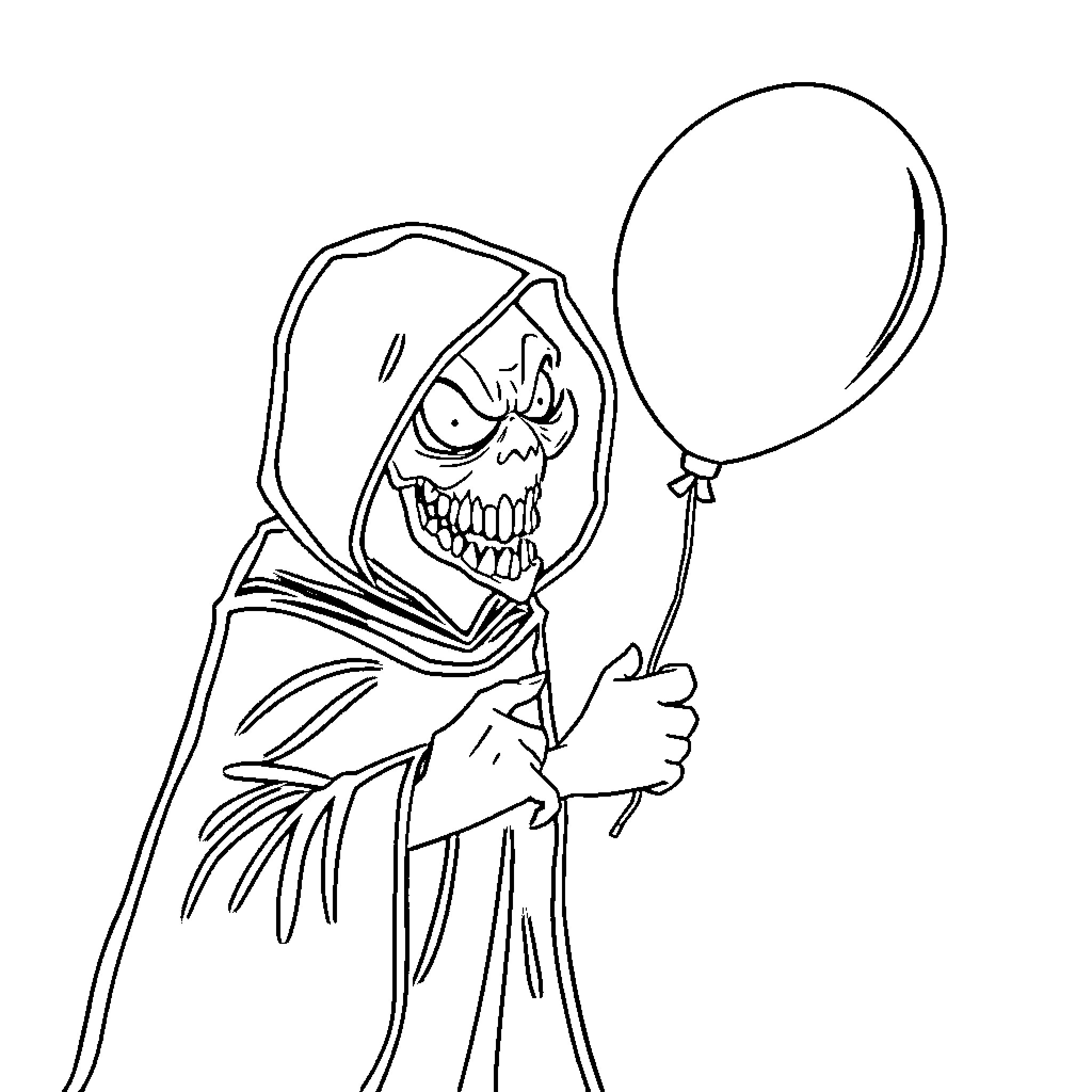 Figure of Creepy Hooded Figure Holding Balloon Coloring Page (free black-and-white line drawing printable PDF for all, from beginners to advanced learners, including children, teens, adults, and seniors)