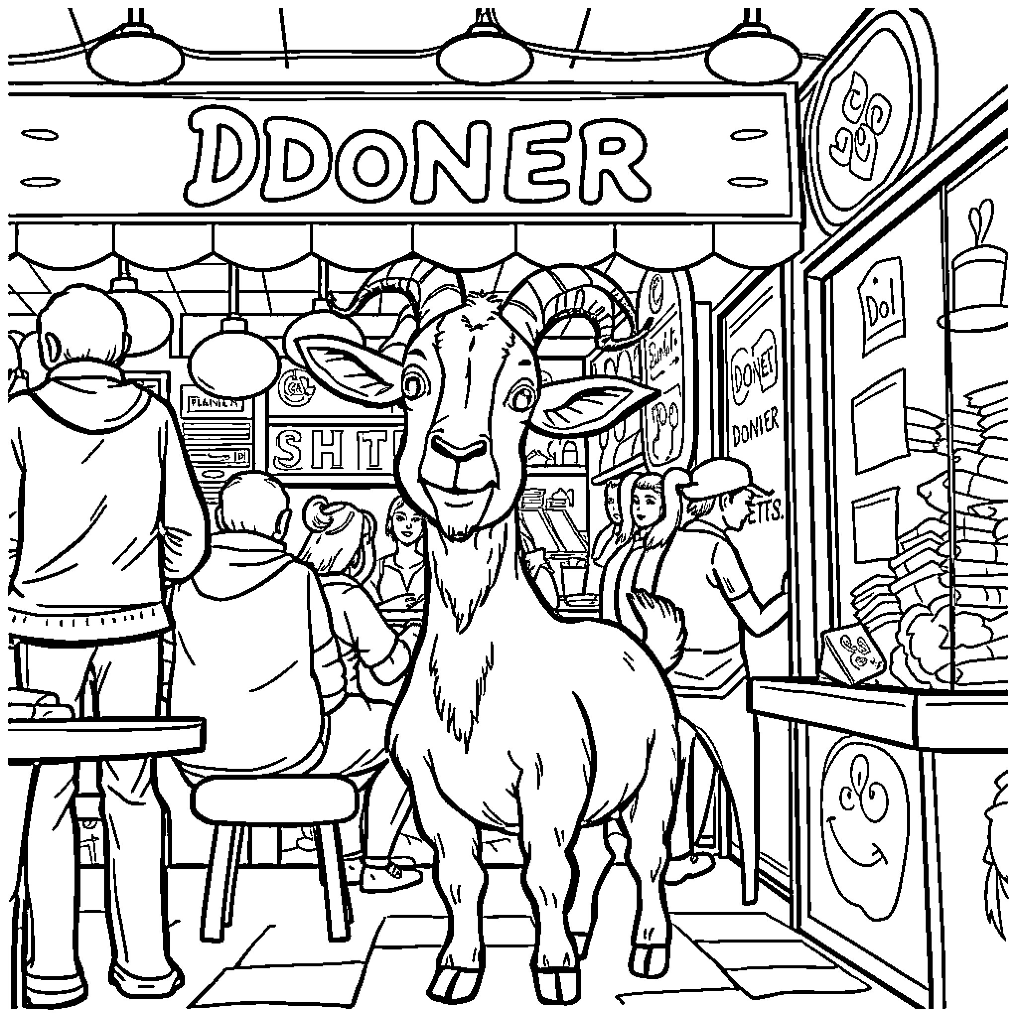 Goat exploring the lively diner scene Coloring Page (free black-and-white line drawing printable PDF for all, from beginners to advanced learners, including children, teens, adults, and seniors)