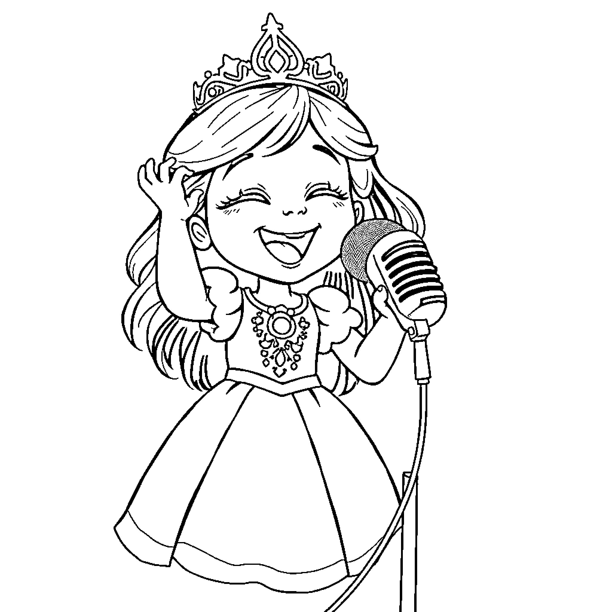 Princess Singing Joyfully on Stage Coloring Page (free black-and-white line drawing printable PDF for all, from beginners to advanced learners, including children, teens, adults, and seniors)