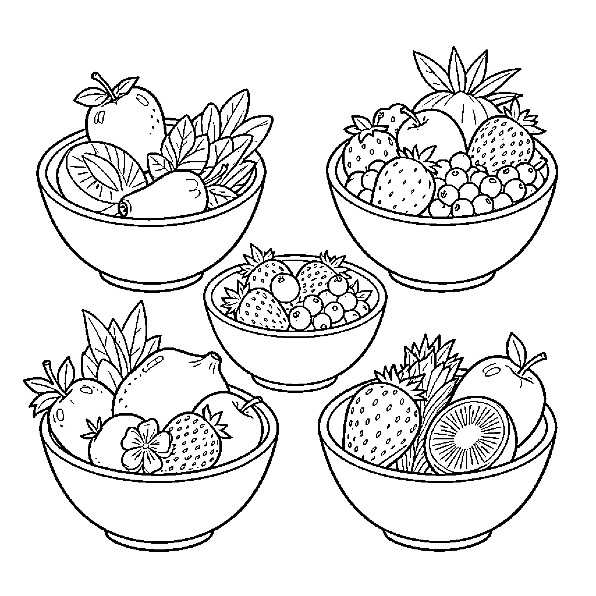 Fruit arranged in several bowls on a table Coloring Page (free black-and-white line drawing printable PDF for all, from beginners to advanced learners, including children, teens, adults, and seniors)