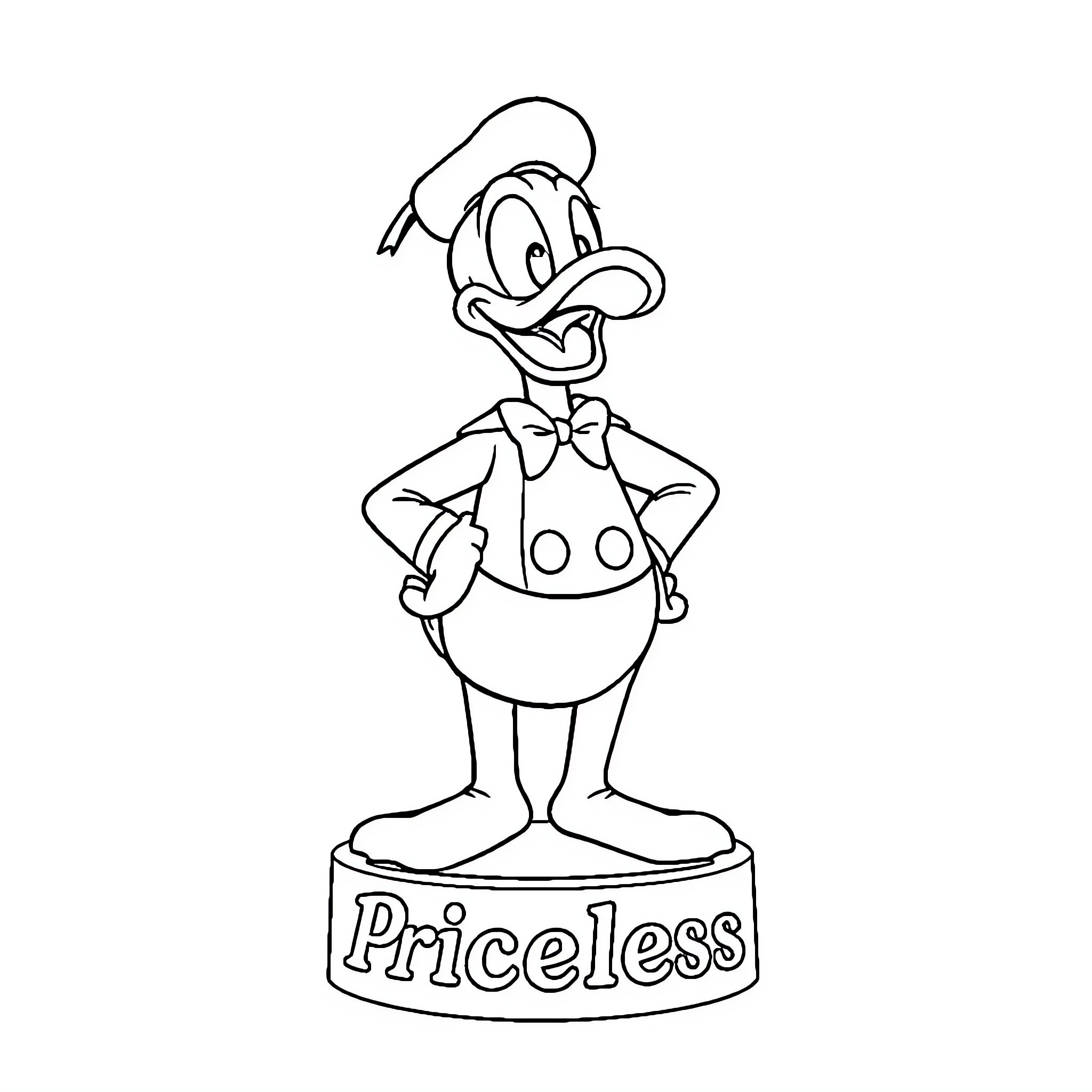 Donald Duck standing proudly with 'Priceless' sign Coloring Page (free black-and-white line drawing printable PDF for all, from beginners to advanced learners, including children, teens, adults, and seniors)