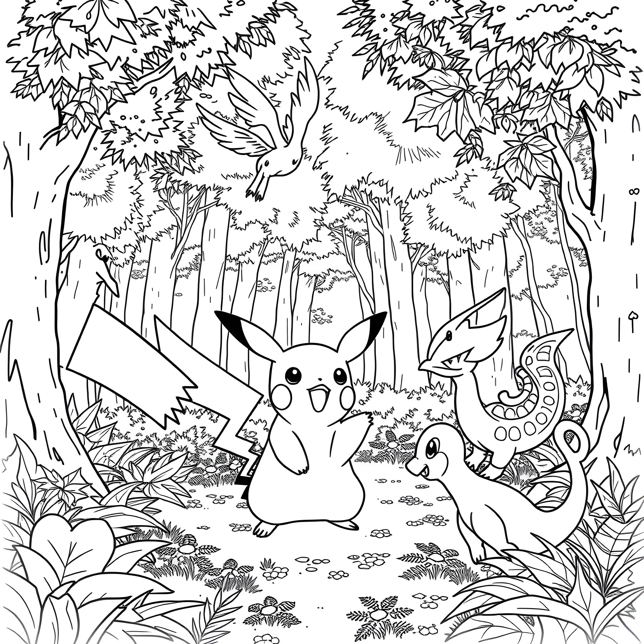Pokémon characters exploring a lush forest Coloring Page (free black-and-white line drawing printable PDF for all, from beginners to advanced learners, including children, teens, adults, and seniors)