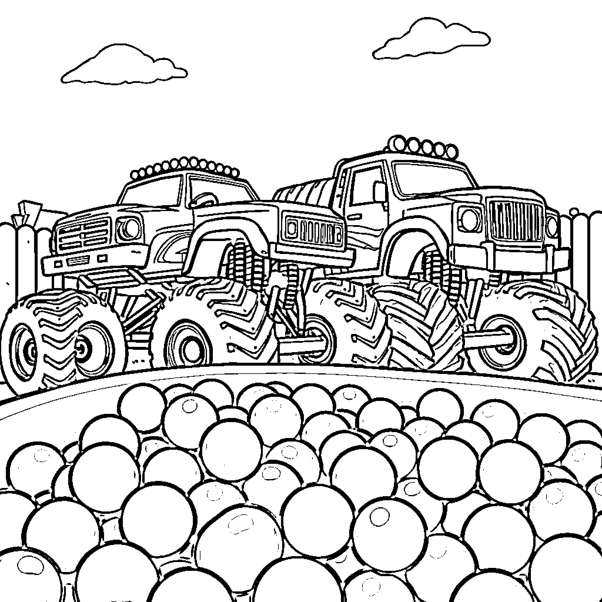 Monster Truck Racing Through Crowd Coloring Page (free black-and-white line drawing printable PDF for all, from beginners to advanced learners, including children, teens, adults, and seniors)