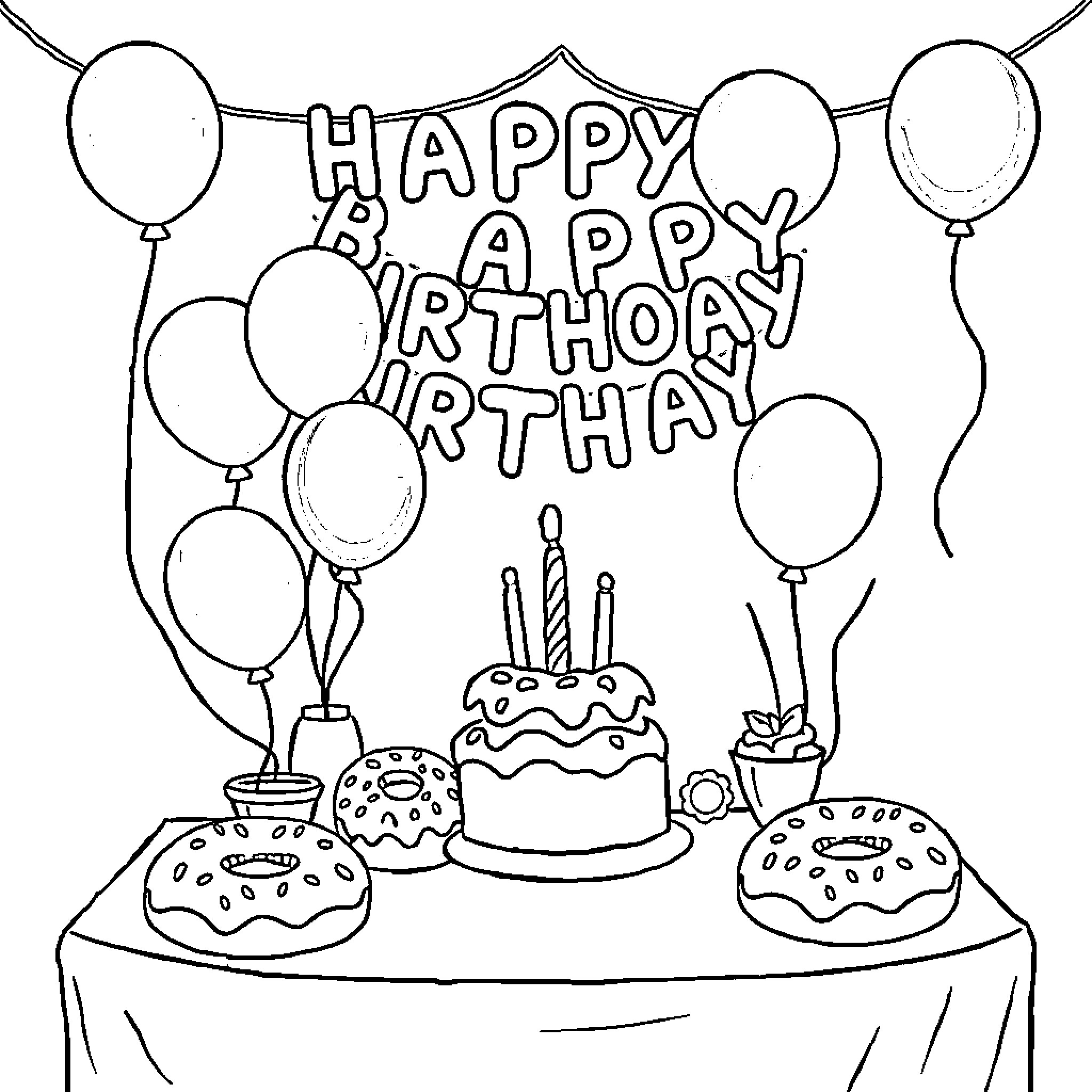 Donut birthday party with balloons and cake Coloring Page (free black-and-white line drawing printable PDF for all, from beginners to advanced learners, including children, teens, adults, and seniors)