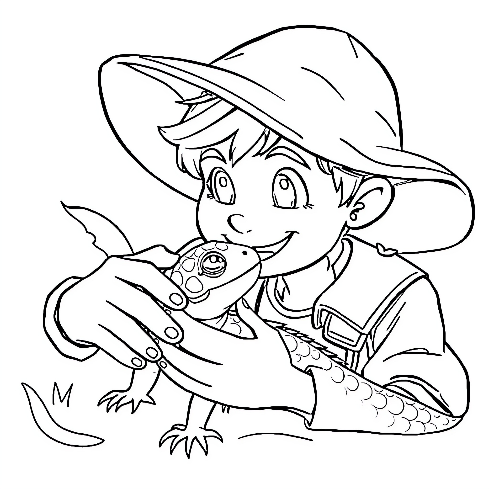 Pioneer boy exploring the wilderness with pet lizard Coloring Page (free black-and-white line drawing printable PDF for all, from beginners to advanced learners, including children, teens, adults, and seniors)