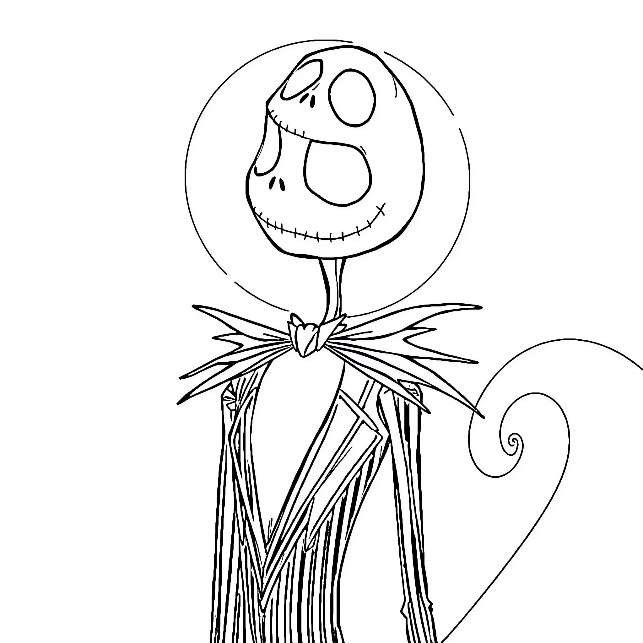 Jack Skellington's spooky and whimsical silhouette Coloring Page (free black-and-white line drawing printable PDF for all, from beginners to advanced learners, including children, teens, adults, and seniors)