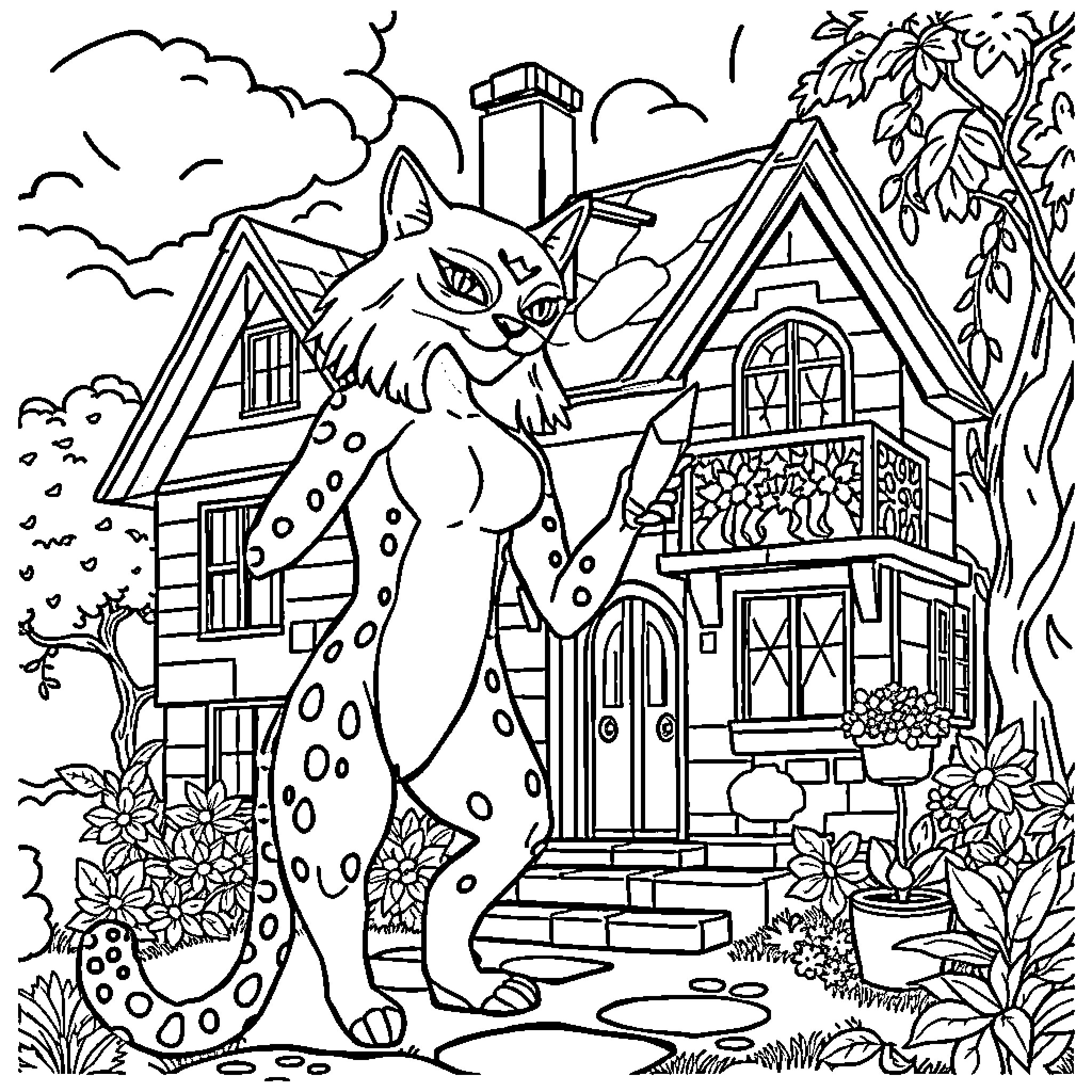 Pink Panther exploring a whimsical cottage in the woods Coloring Page (free black-and-white line drawing printable PDF for all, from beginners to advanced learners, including children, teens, adults, and seniors)