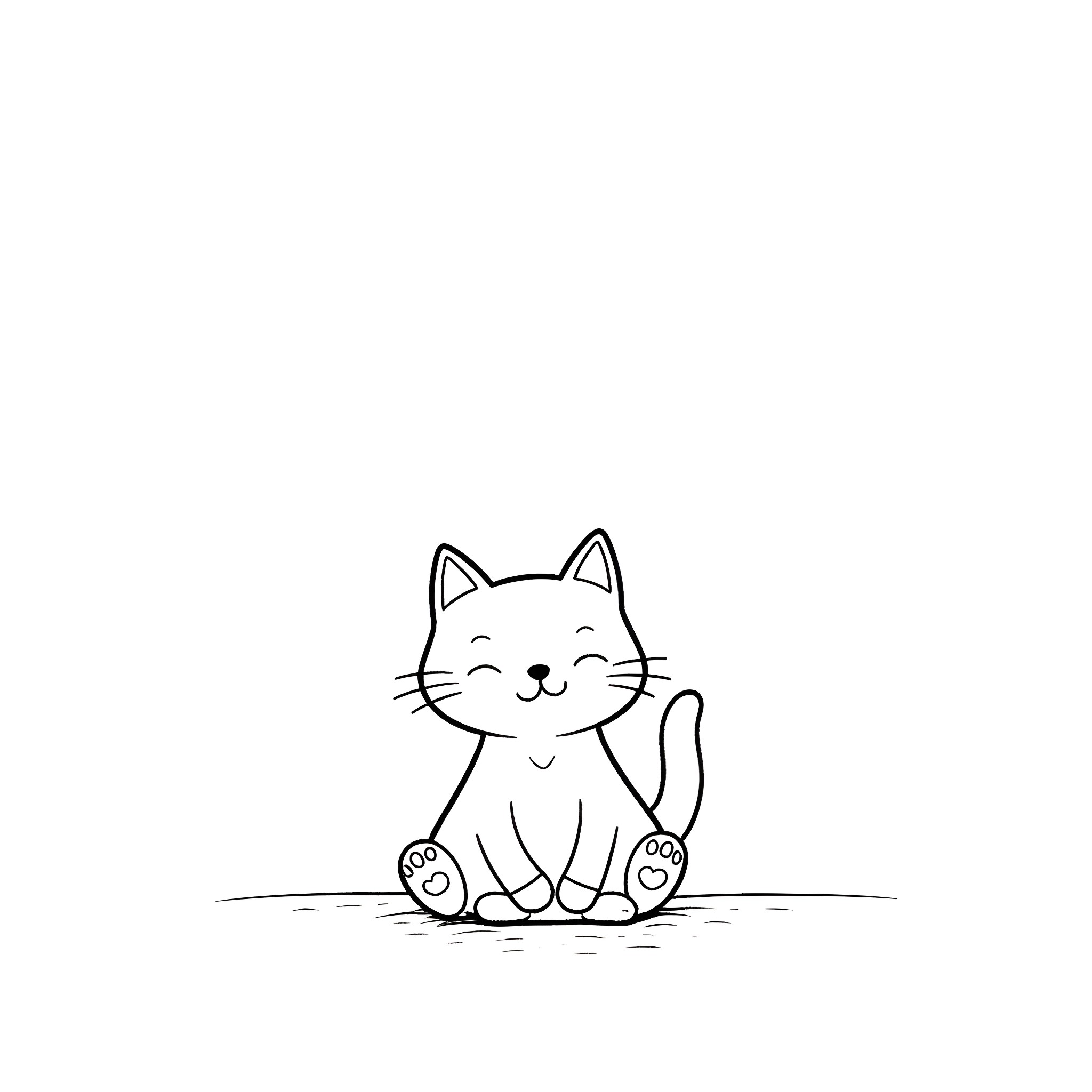 Cat sitting happily on the floor Coloring Page (free black-and-white line drawing printable PDF for all, from beginners to advanced learners, including children, teens, adults, and seniors)