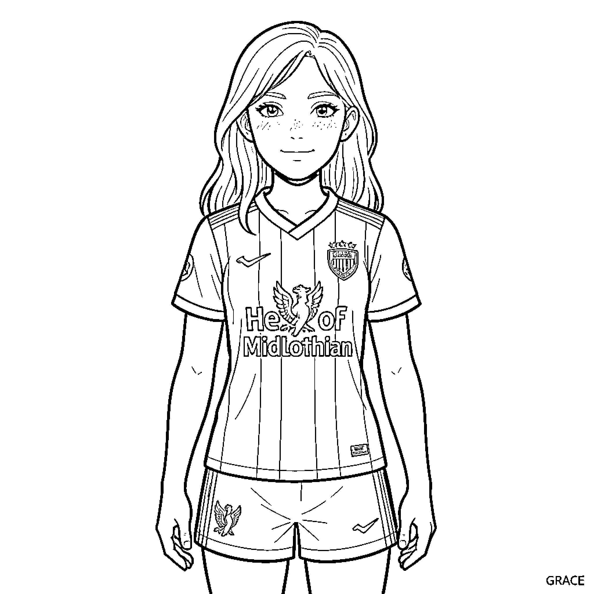 Girl wearing soccer uniform standing with hands on hips Coloring Page (free black-and-white line drawing printable PDF for all, from beginners to advanced learners, including children, teens, adults, and seniors)