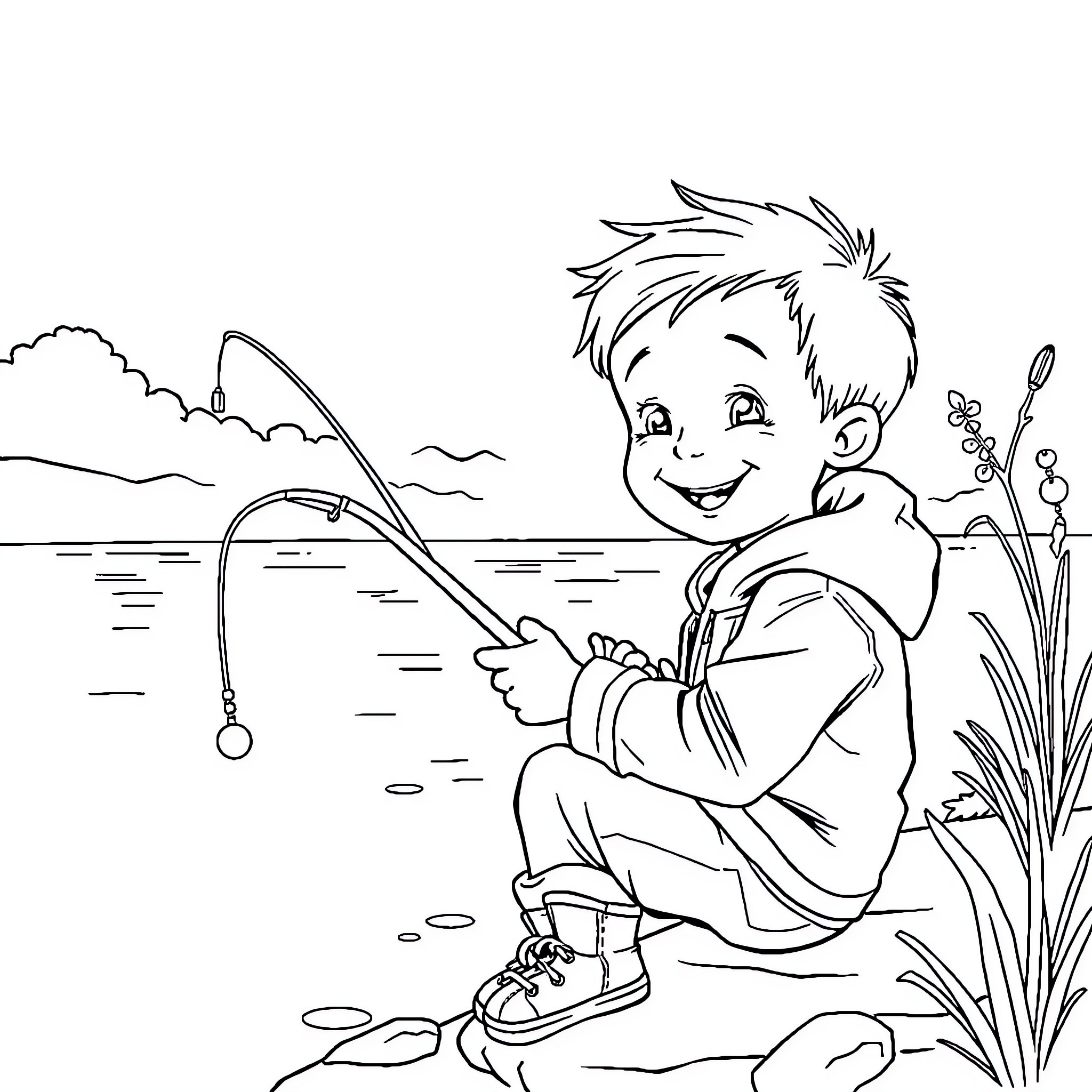 Child fishing happily by the river Coloring Page (free black-and-white line drawing printable PDF for all, from beginners to advanced learners, including children, teens, adults, and seniors)