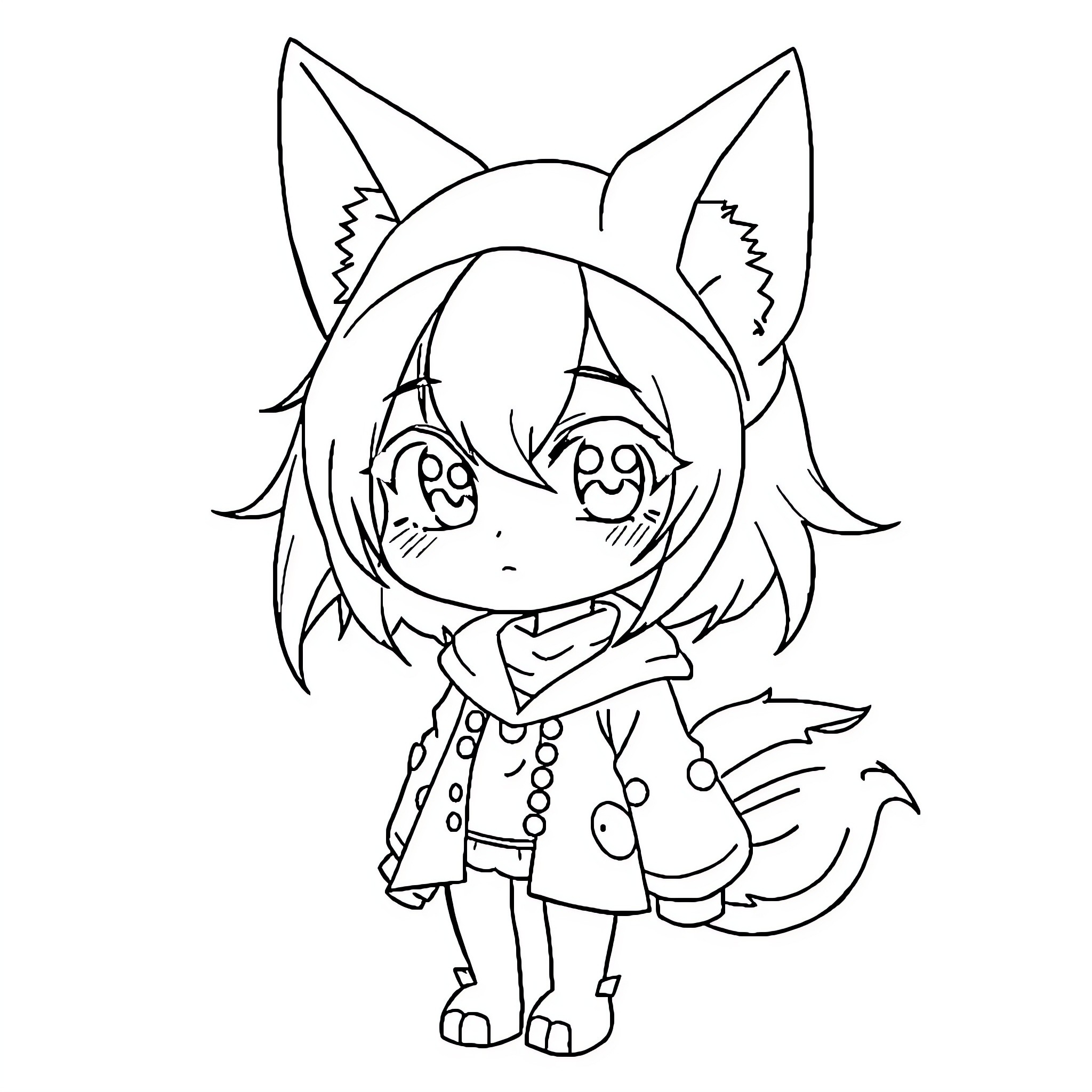 Wolf Girl in Whimsical Outfit Coloring Page (free black-and-white line drawing printable PDF for all, from beginners to advanced learners, including children, teens, adults, and seniors)