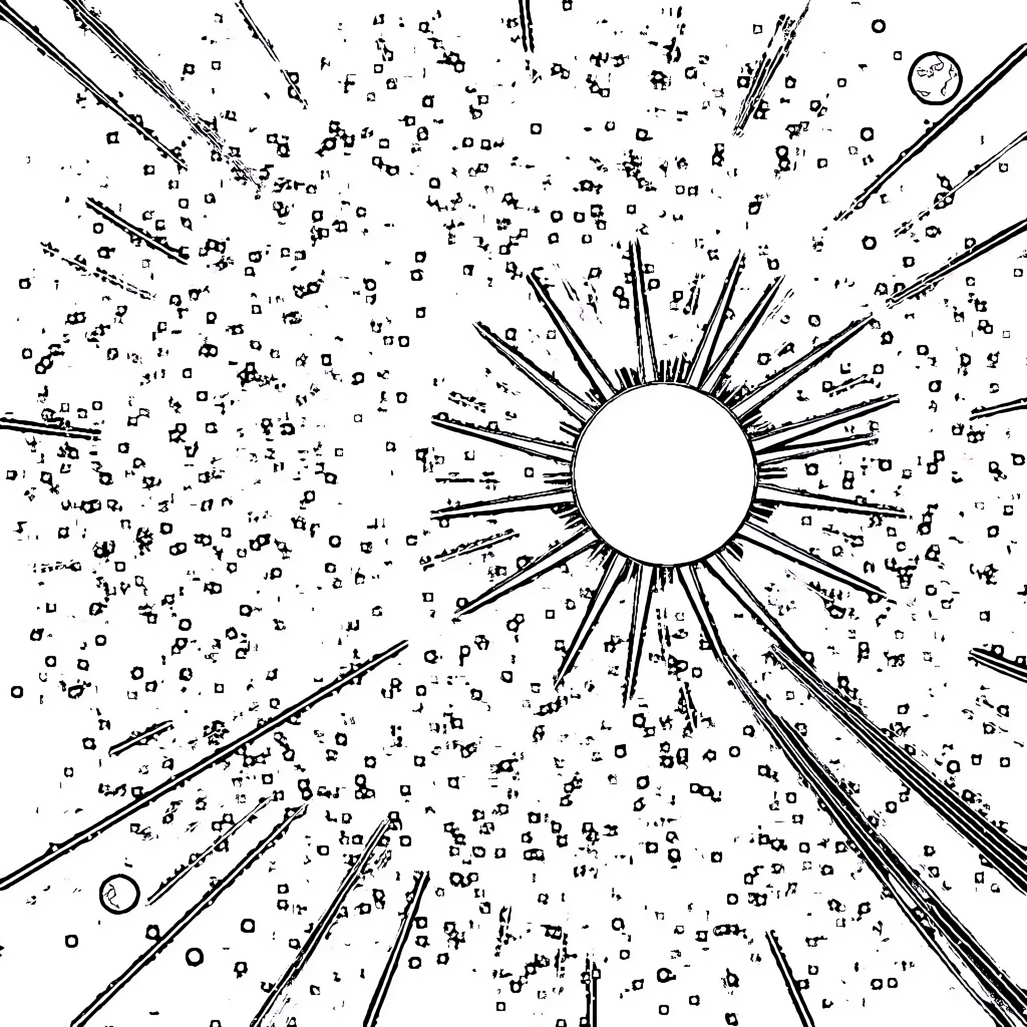 Sun Shining Brightly Among Stars and Cosmic Elements Coloring Page (free black-and-white line drawing printable PDF for all, from beginners to advanced learners, including children, teens, adults, and seniors)