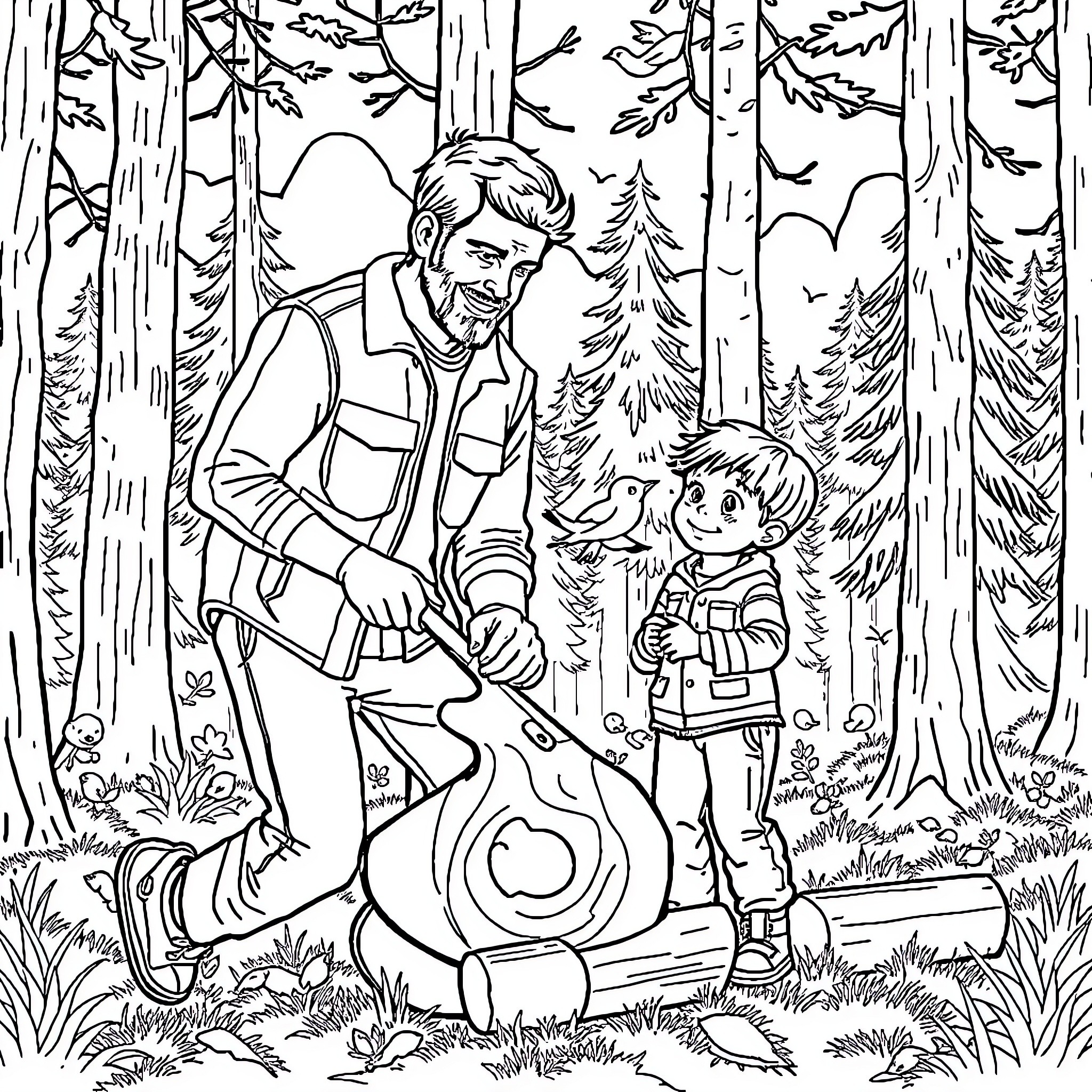 Dad helping son with outdoor chores in the forest Coloring Page (free black-and-white line drawing printable PDF for all, from beginners to advanced learners, including children, teens, adults, and seniors)