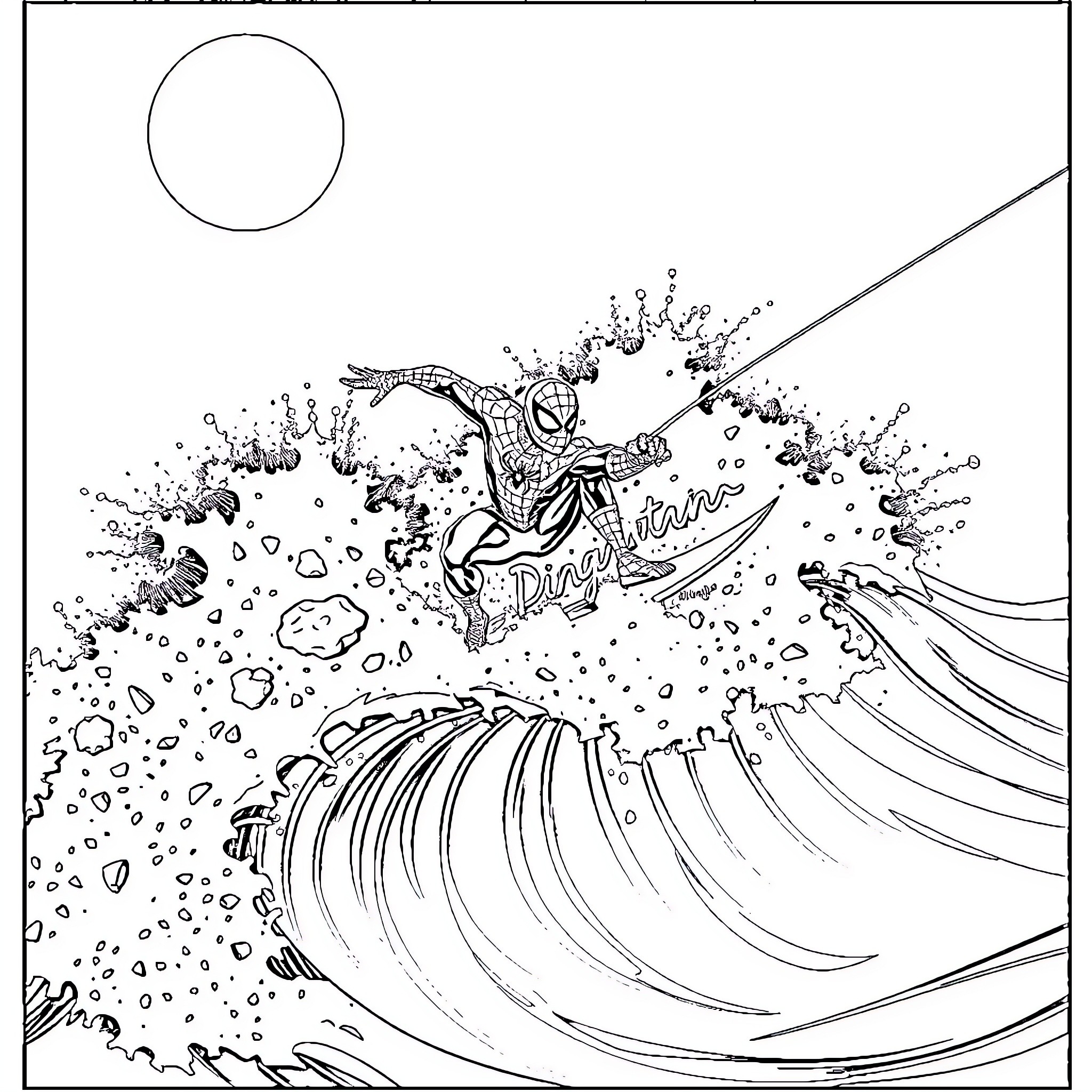 Spider-Man surfing through crashing waves Coloring Page (free black-and-white line drawing printable PDF for all, from beginners to advanced learners, including children, teens, adults, and seniors)