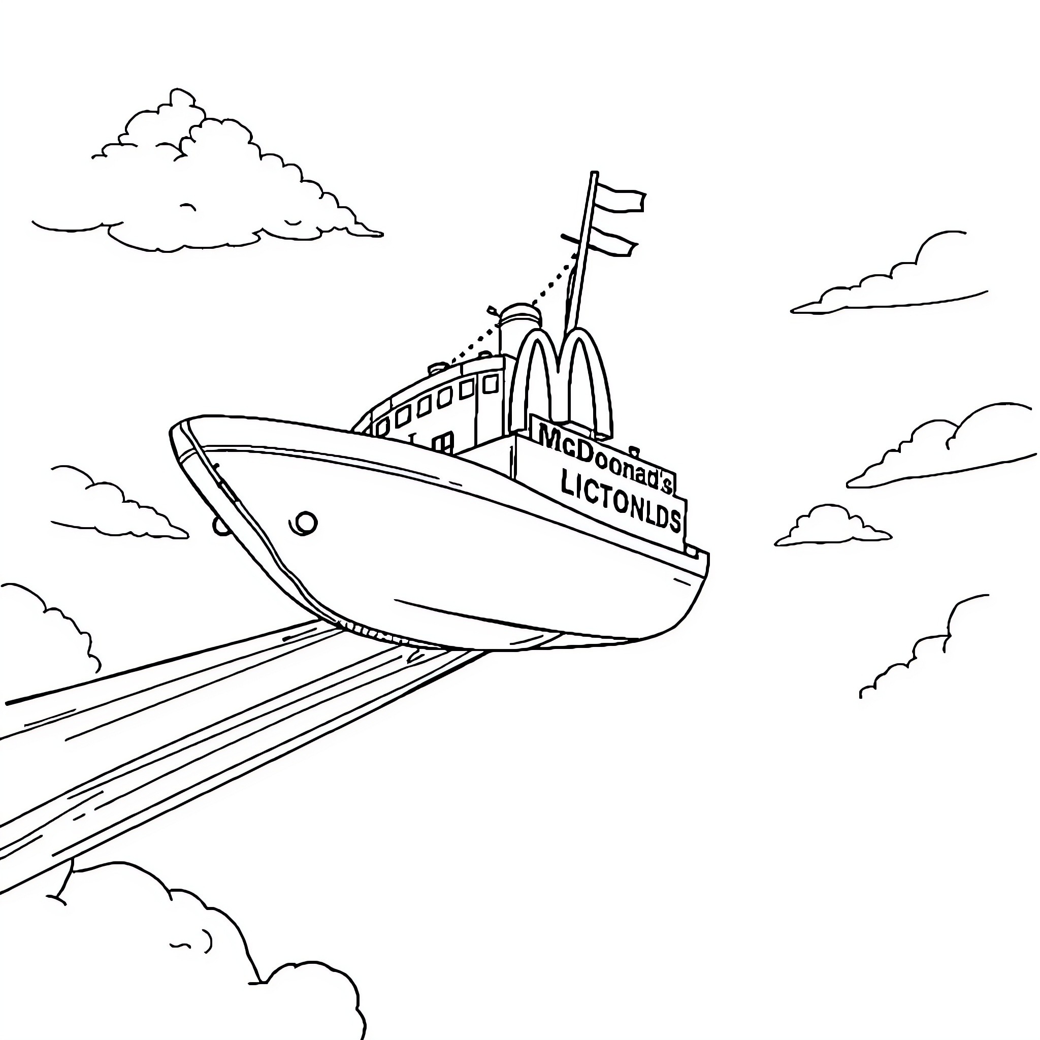 Flying Ship Soaring Through Cloudy Skies Coloring Page (free black-and-white line drawing printable PDF for all, from beginners to advanced learners, including children, teens, adults, and seniors)