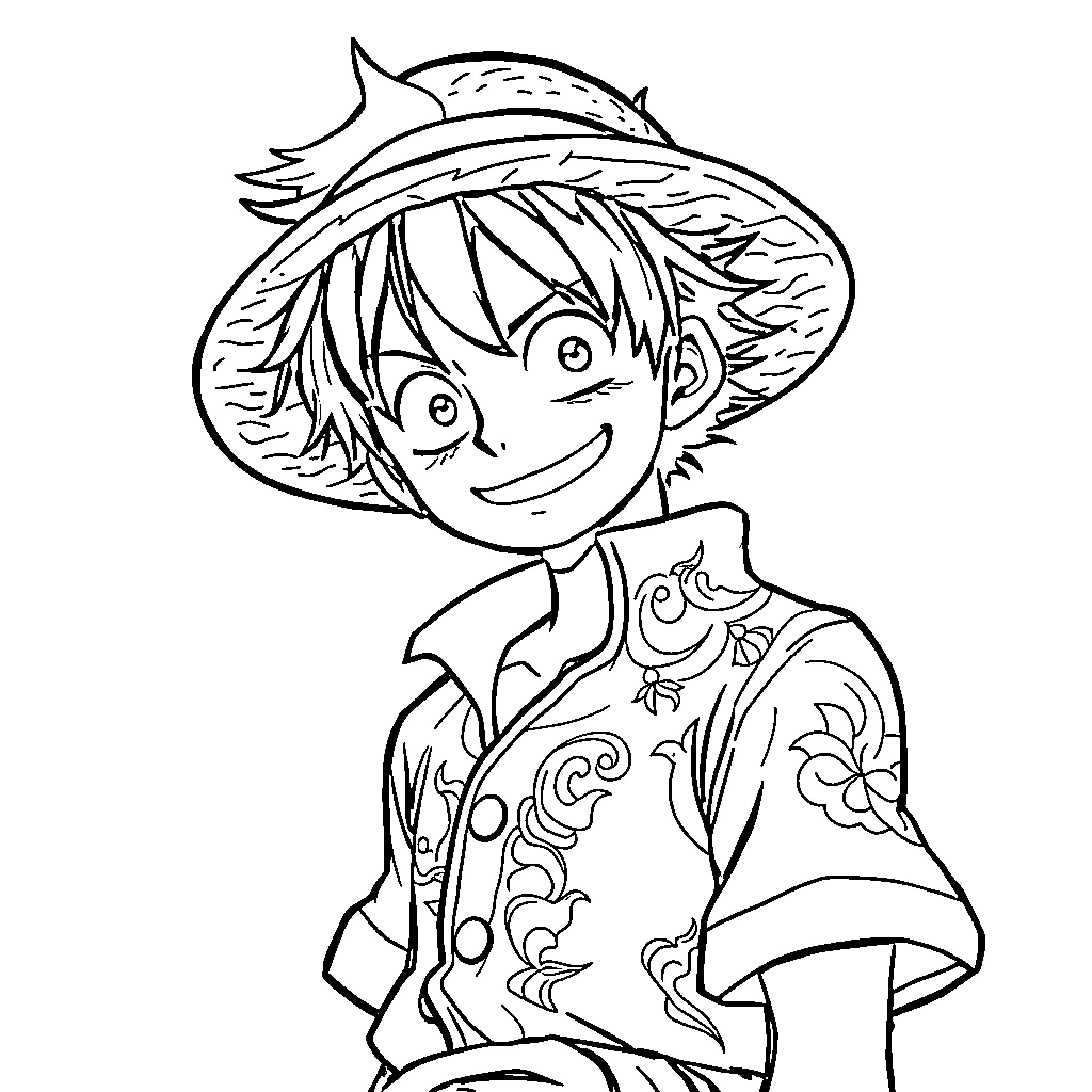 Luffy's Animated Adventure Coloring Page (free black-and-white line drawing printable PDF for all, from beginners to advanced learners, including children, teens, adults, and seniors)