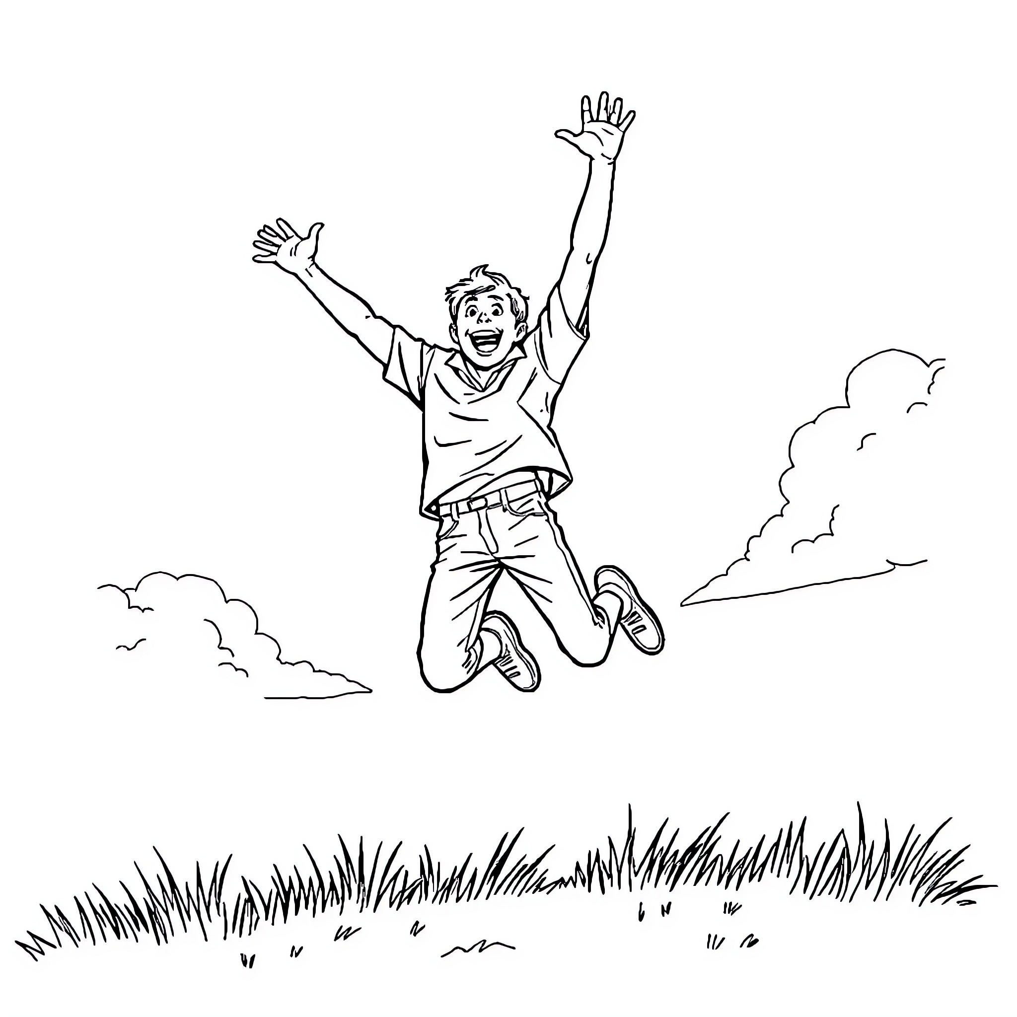 Guy joyfully jumping in the air Coloring Page (free black-and-white line drawing printable PDF for all, from beginners to advanced learners, including children, teens, adults, and seniors)