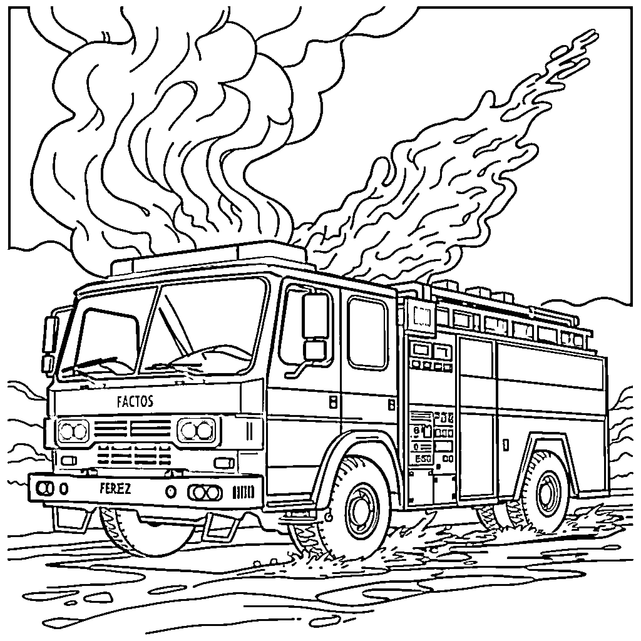 Fire Truck responding to emergency with sirens and smoke Coloring Page (free black-and-white line drawing printable PDF for all, from beginners to advanced learners, including children, teens, adults, and seniors)
