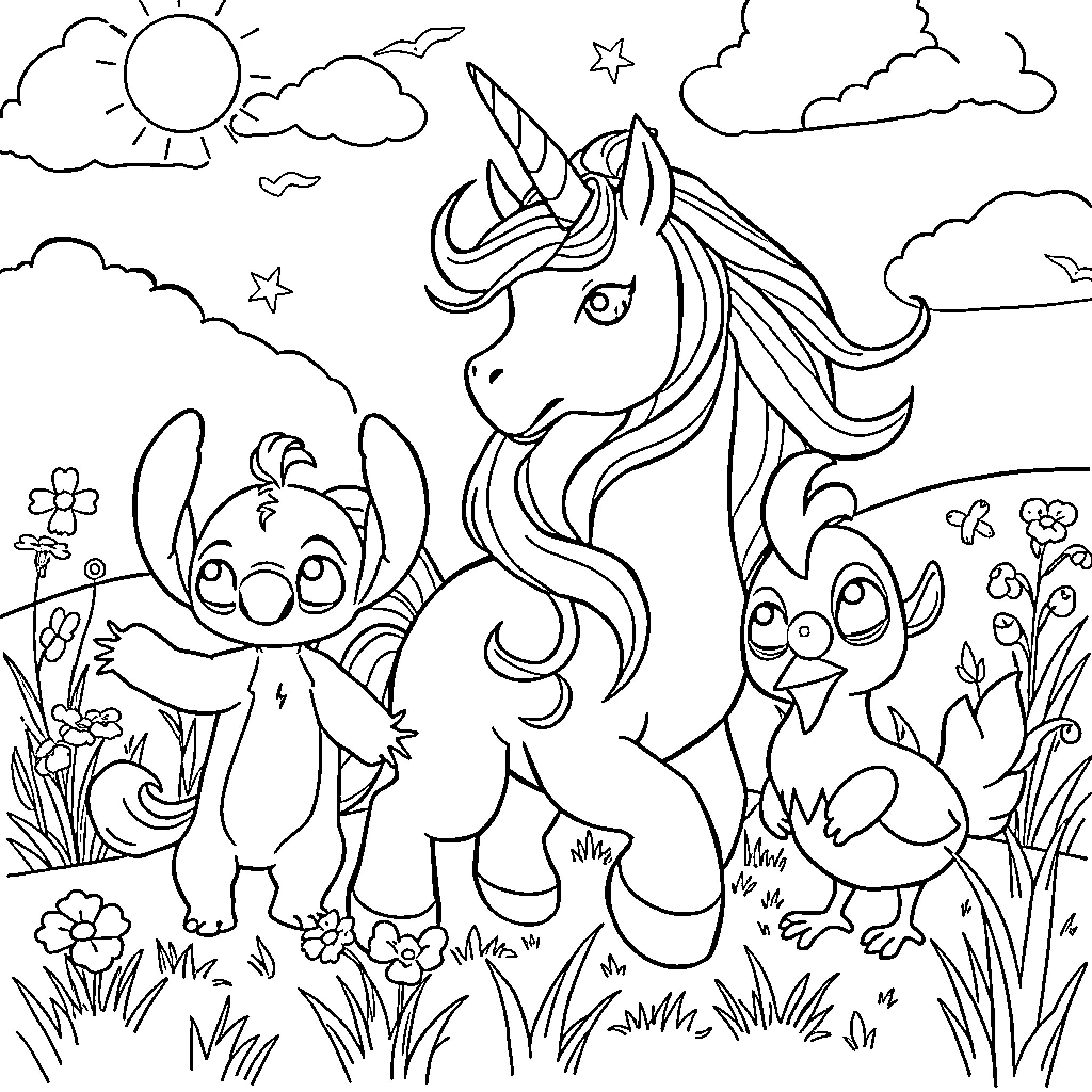 Unicorn in a whimsical nature scene with Stitch-like creatures Coloring Page (free black-and-white line drawing printable PDF for all, from beginners to advanced learners, including children, teens, adults, and seniors)