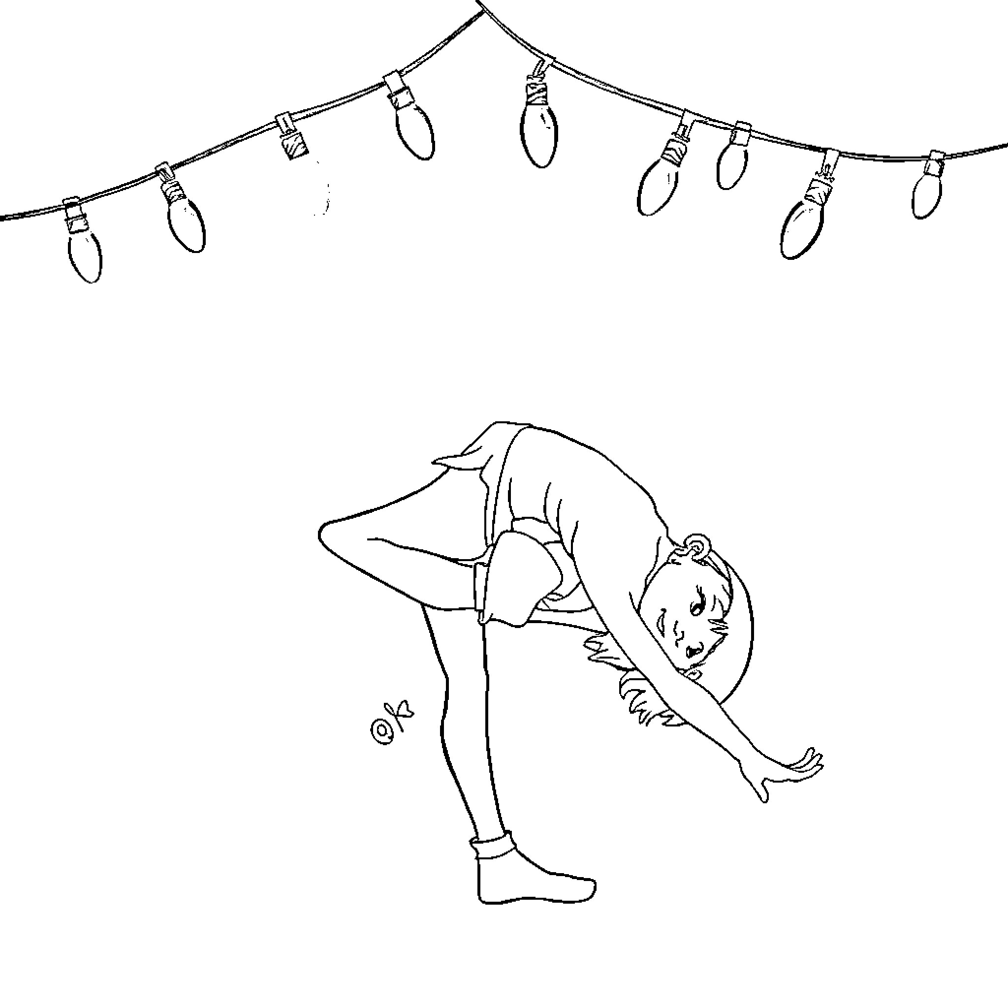 Elf performing yoga pose under string lights Coloring Page (free black-and-white line drawing printable PDF for all, from beginners to advanced learners, including children, teens, adults, and seniors)