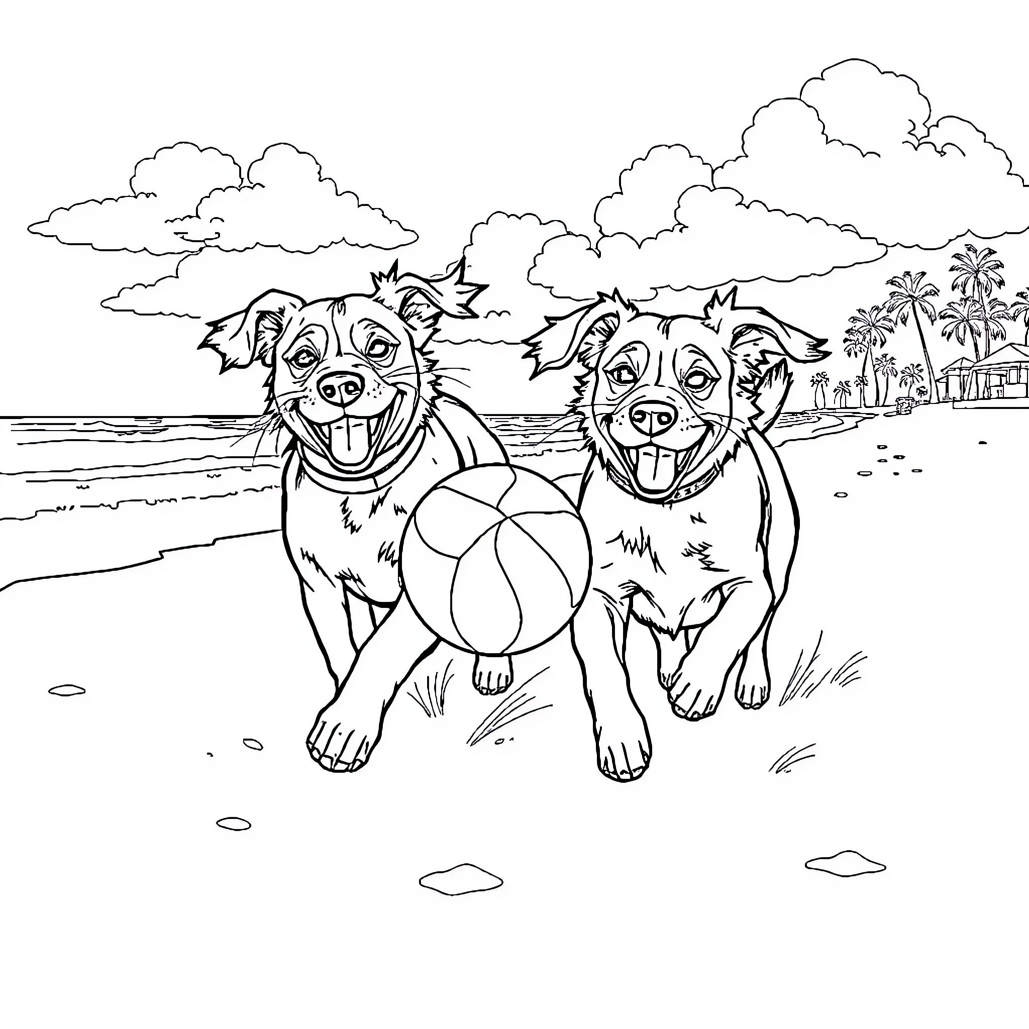 Dog playing happily with beach ball on the shore Coloring Page (free black-and-white line drawing printable PDF for all, from beginners to advanced learners, including children, teens, adults, and seniors)