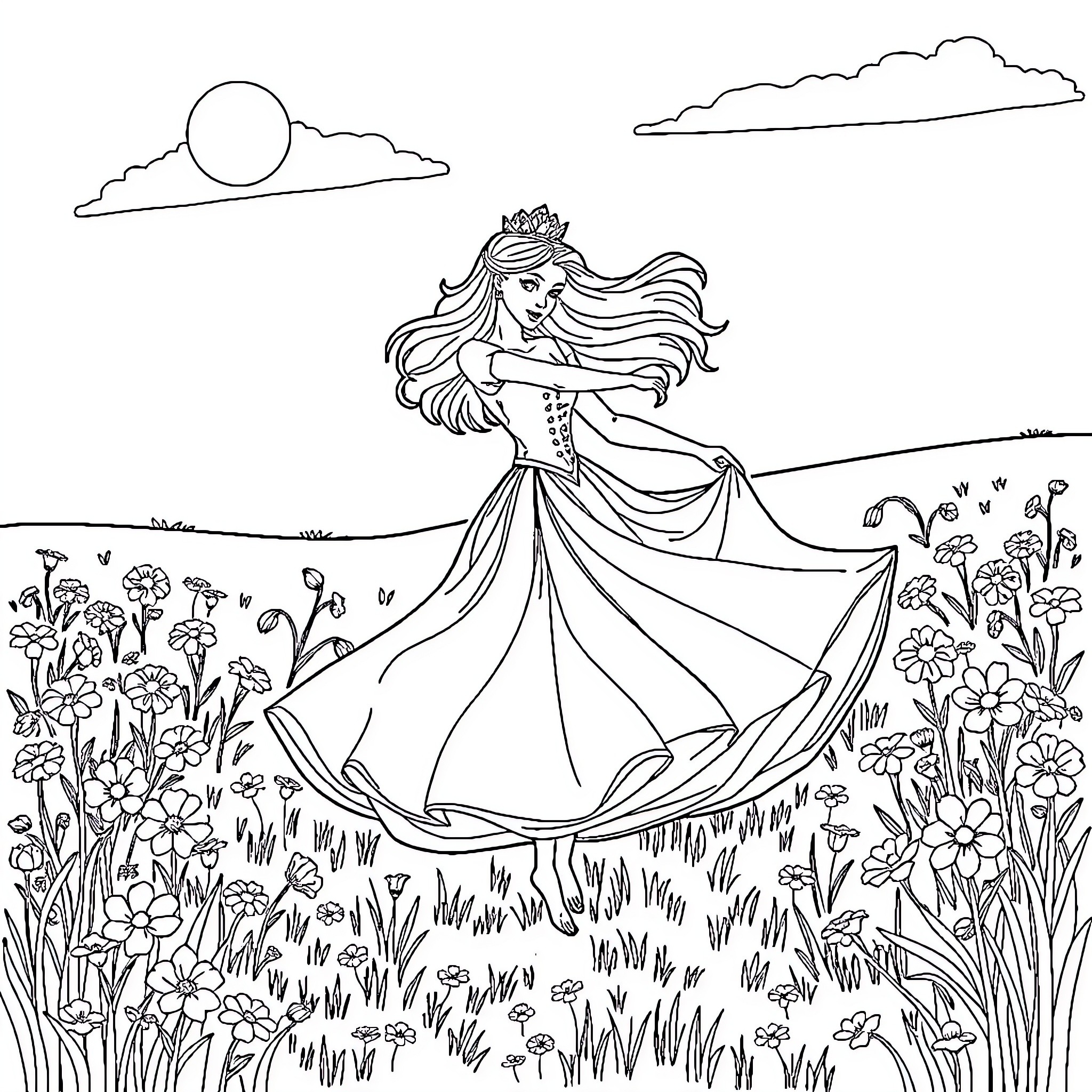 Princess dancing gracefully in a flower-filled meadow Coloring Page (free black-and-white line drawing printable PDF for all, from beginners to advanced learners, including children, teens, adults, and seniors)