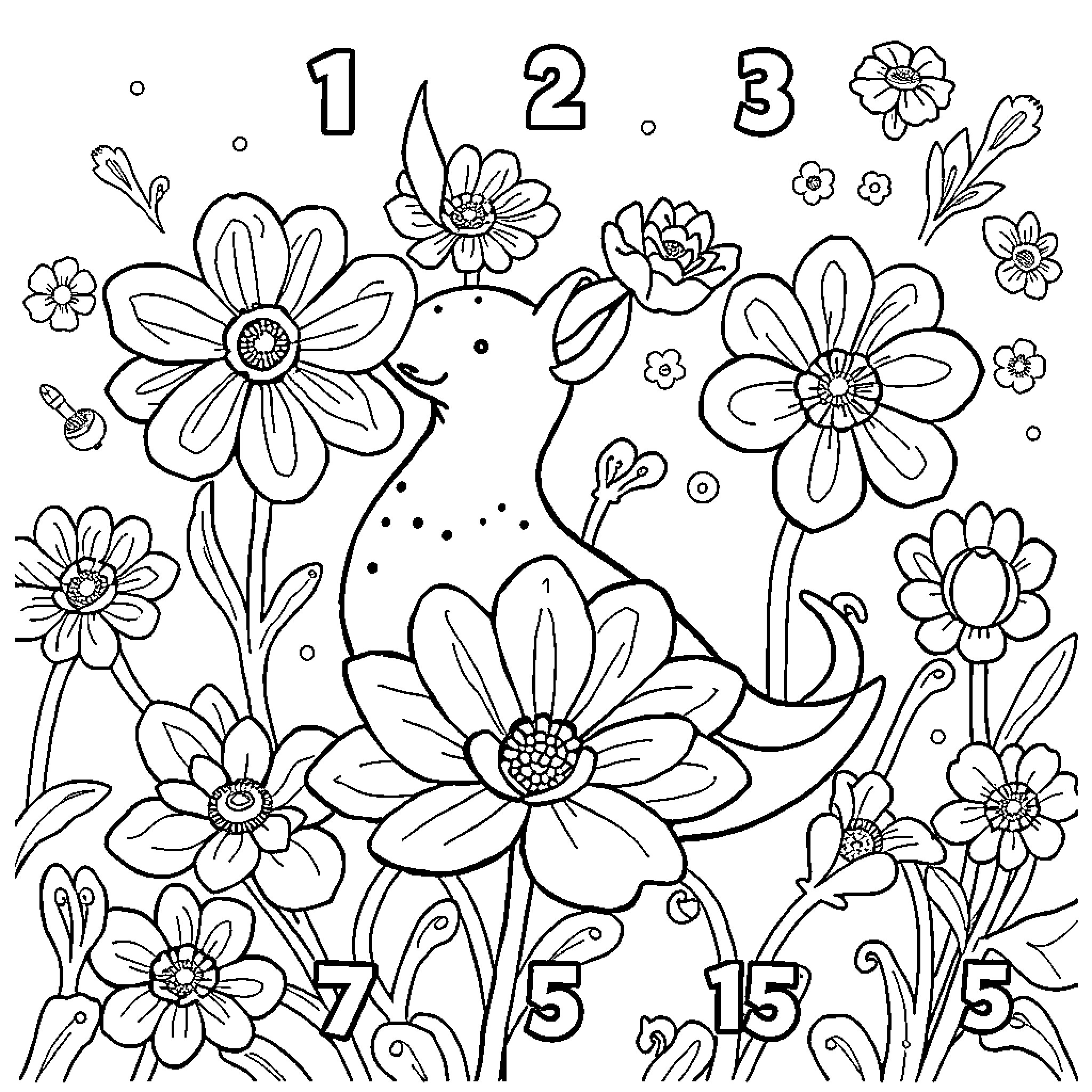 Dibujo de animales y flores coloridas Coloring Page (free black-and-white line drawing printable PDF for all, from beginners to advanced learners, including children, teens, adults, and seniors)