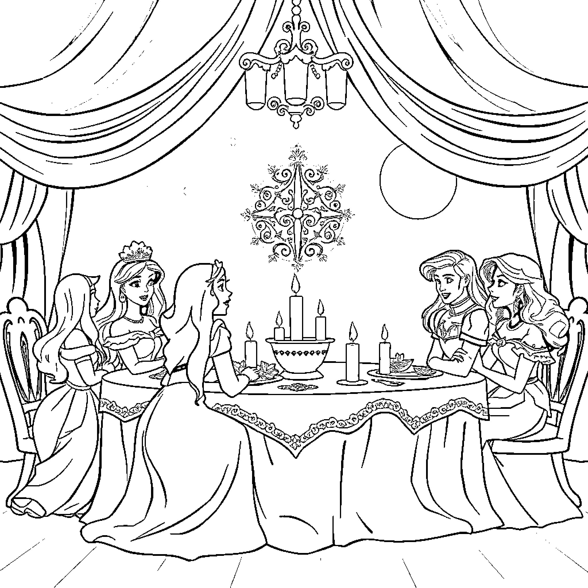 Disney Princesses Enjoying a Formal Dinner Gathering Coloring Page (free black-and-white line drawing printable PDF for all, from beginners to advanced learners, including children, teens, adults, and seniors)