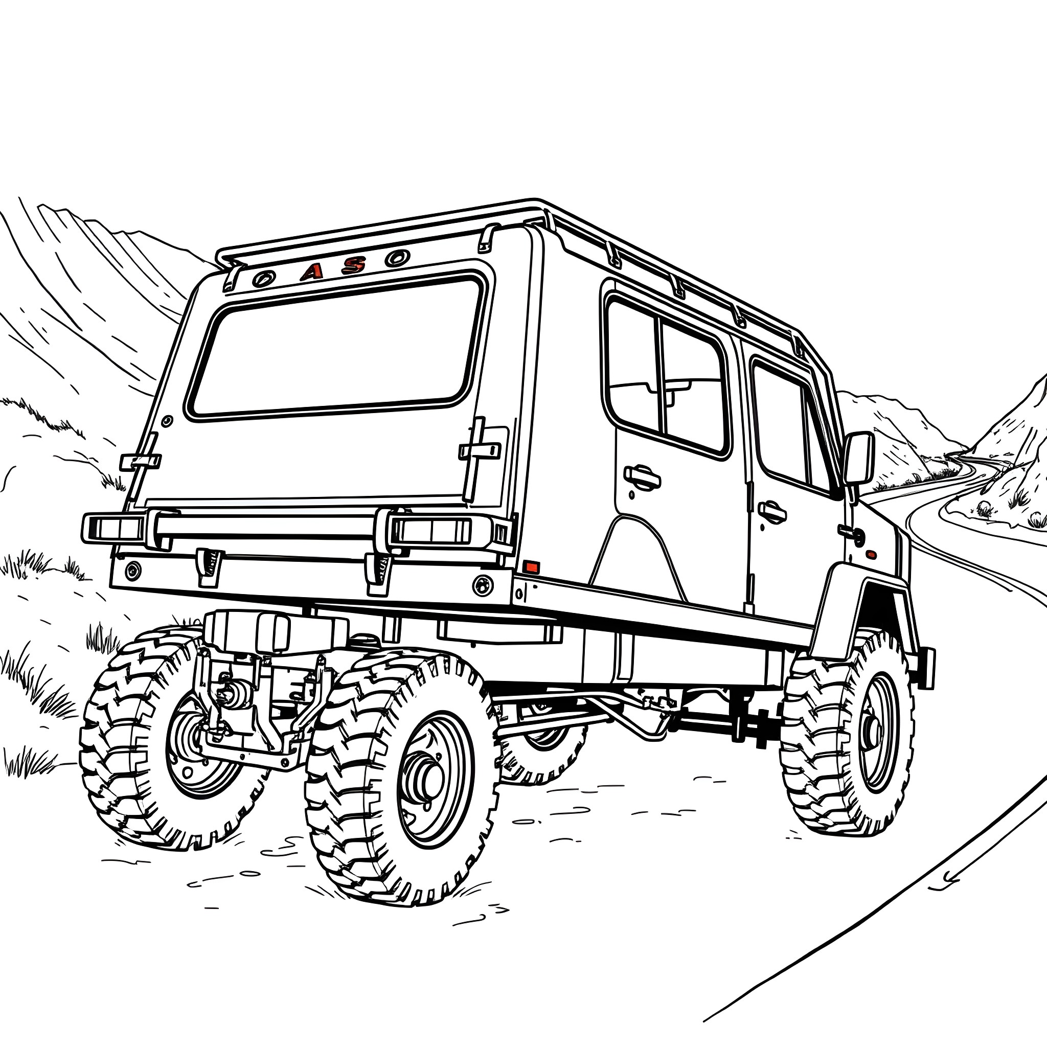Car Trailer Hauling Off-Road Vehicle on Mountain Road Coloring Page (free black-and-white line drawing printable PDF for all, from beginners to advanced learners, including children, teens, adults, and seniors)