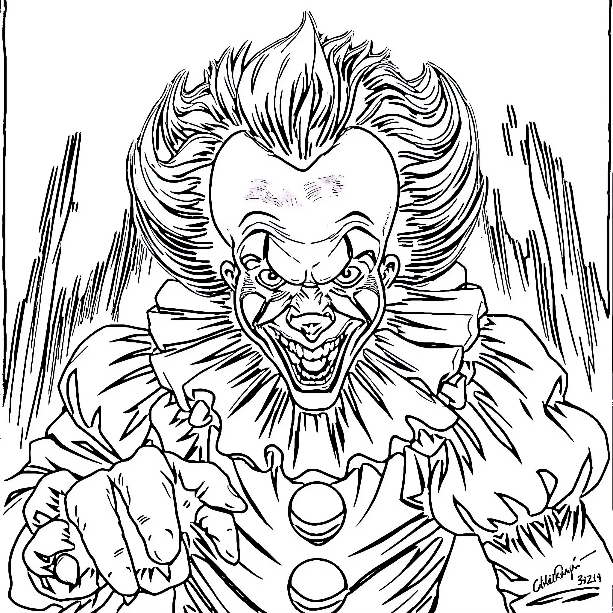 Pennywise the Creepy Clown Villain's Menacing Expression Coloring Page (free black-and-white line drawing printable PDF for all, from beginners to advanced learners, including children, teens, adults, and seniors)