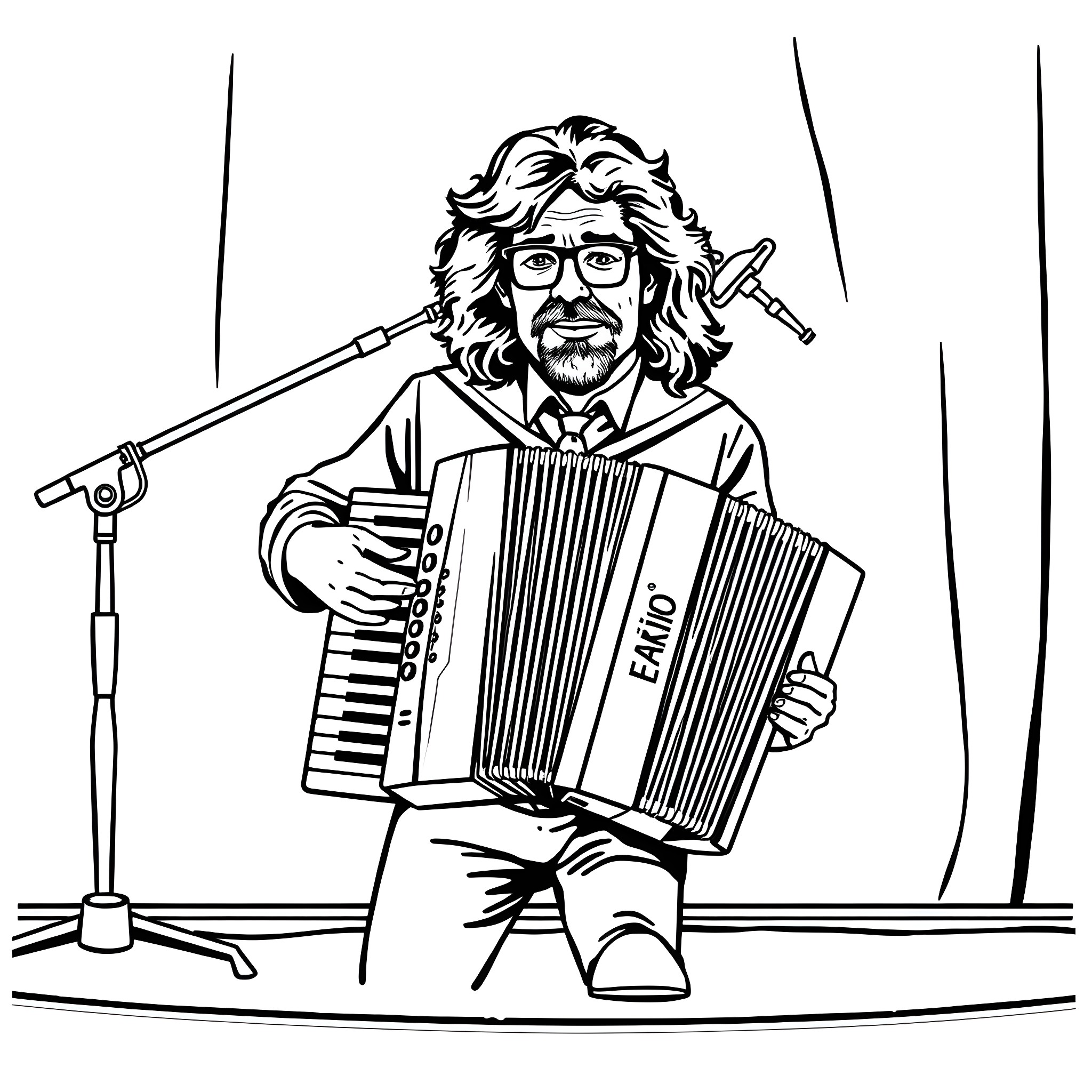 Weird Al playing accordion and microphone on stage Coloring Page (free black-and-white line drawing printable PDF for all, from beginners to advanced learners, including children, teens, adults, and seniors)