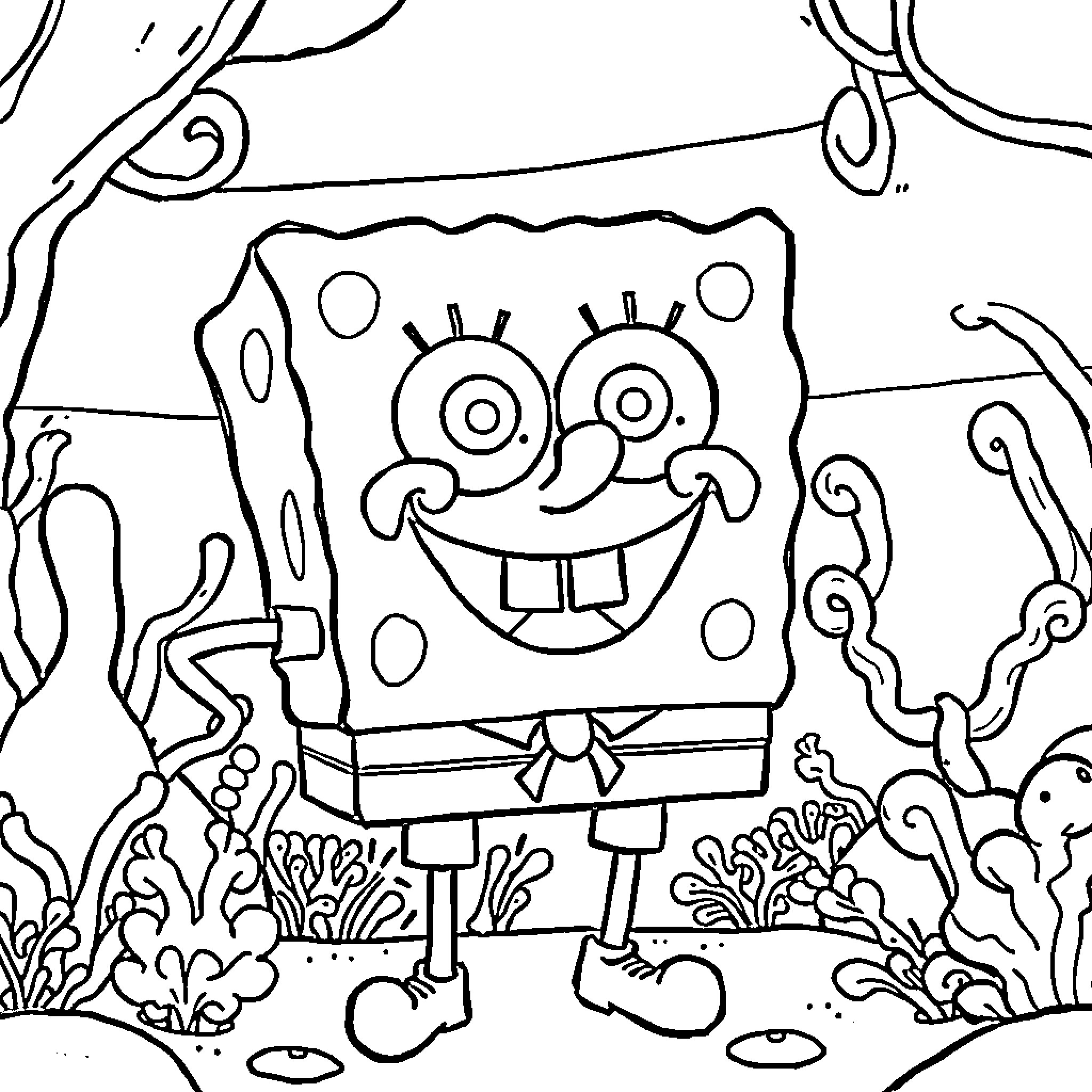 Spongebob happily exploring the underwater world Coloring Page (free black-and-white line drawing printable PDF for all, from beginners to advanced learners, including children, teens, adults, and seniors)