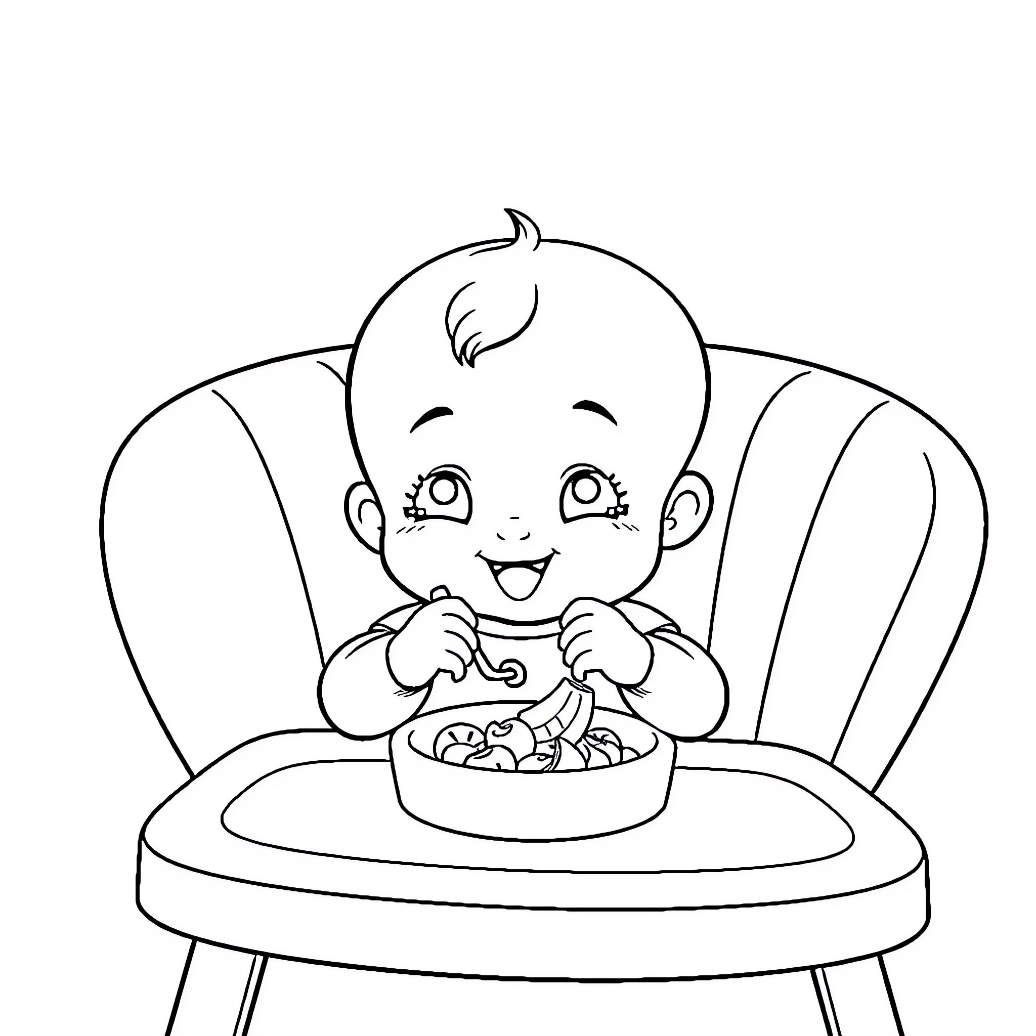 Baby Eating Happily in High Chair Coloring Page (free black-and-white line drawing printable PDF for all, from beginners to advanced learners, including children, teens, adults, and seniors)
