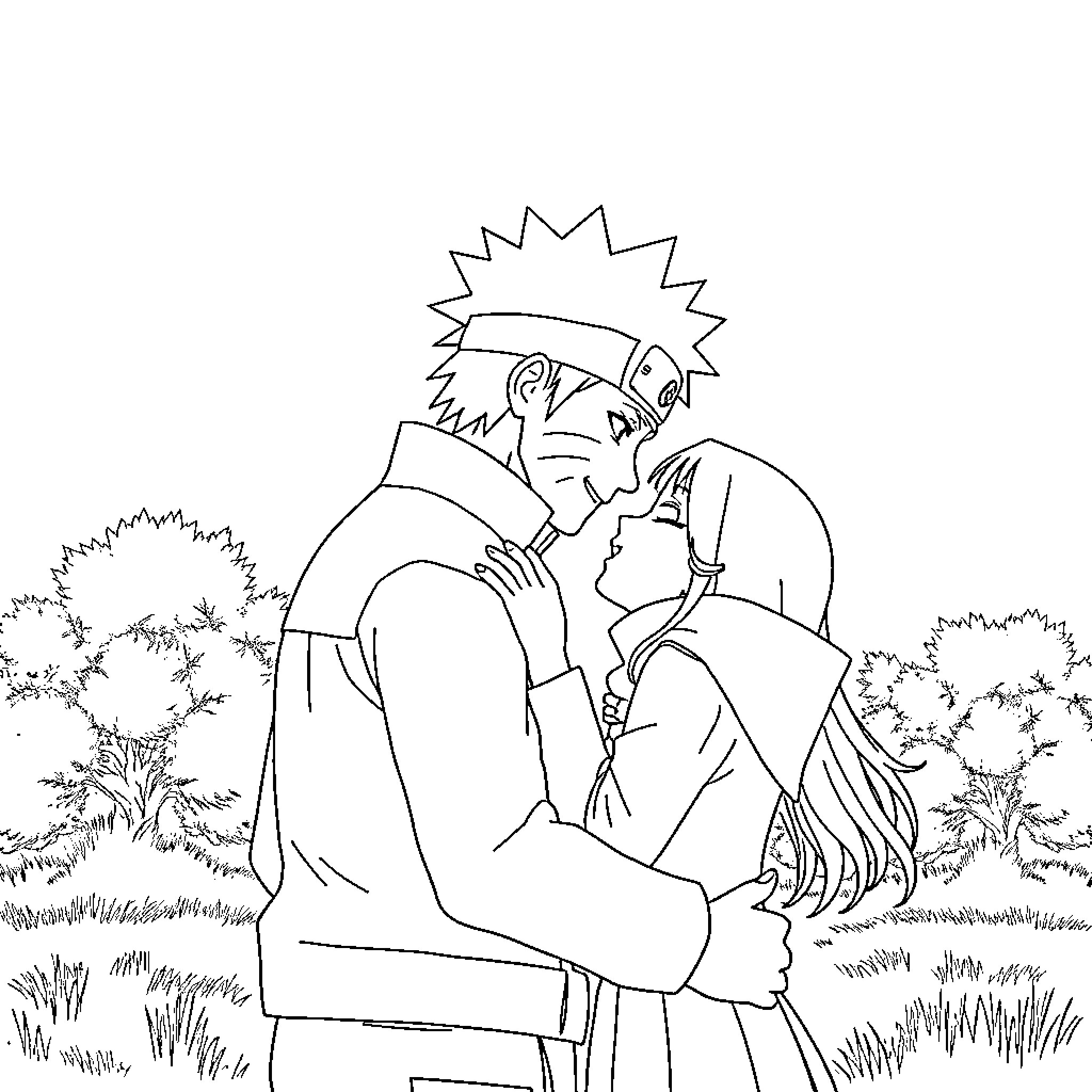Naruto characters in romantic embrace Coloring Page (free black-and-white line drawing printable PDF for all, from beginners to advanced learners, including children, teens, adults, and seniors)