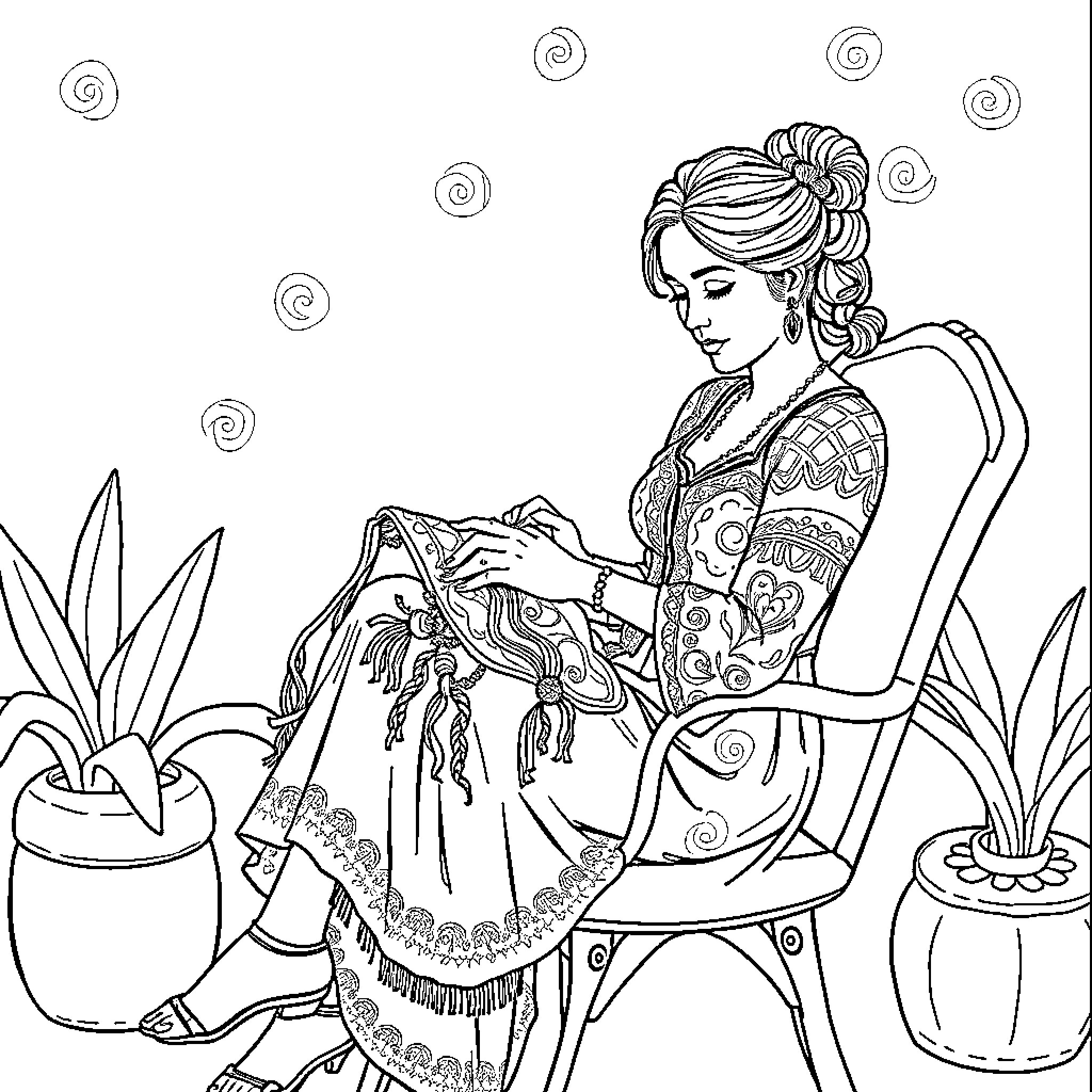 Mujer sentada leyendo libro en jardín Coloring Page (free black-and-white line drawing printable PDF for all, from beginners to advanced learners, including children, teens, adults, and seniors)