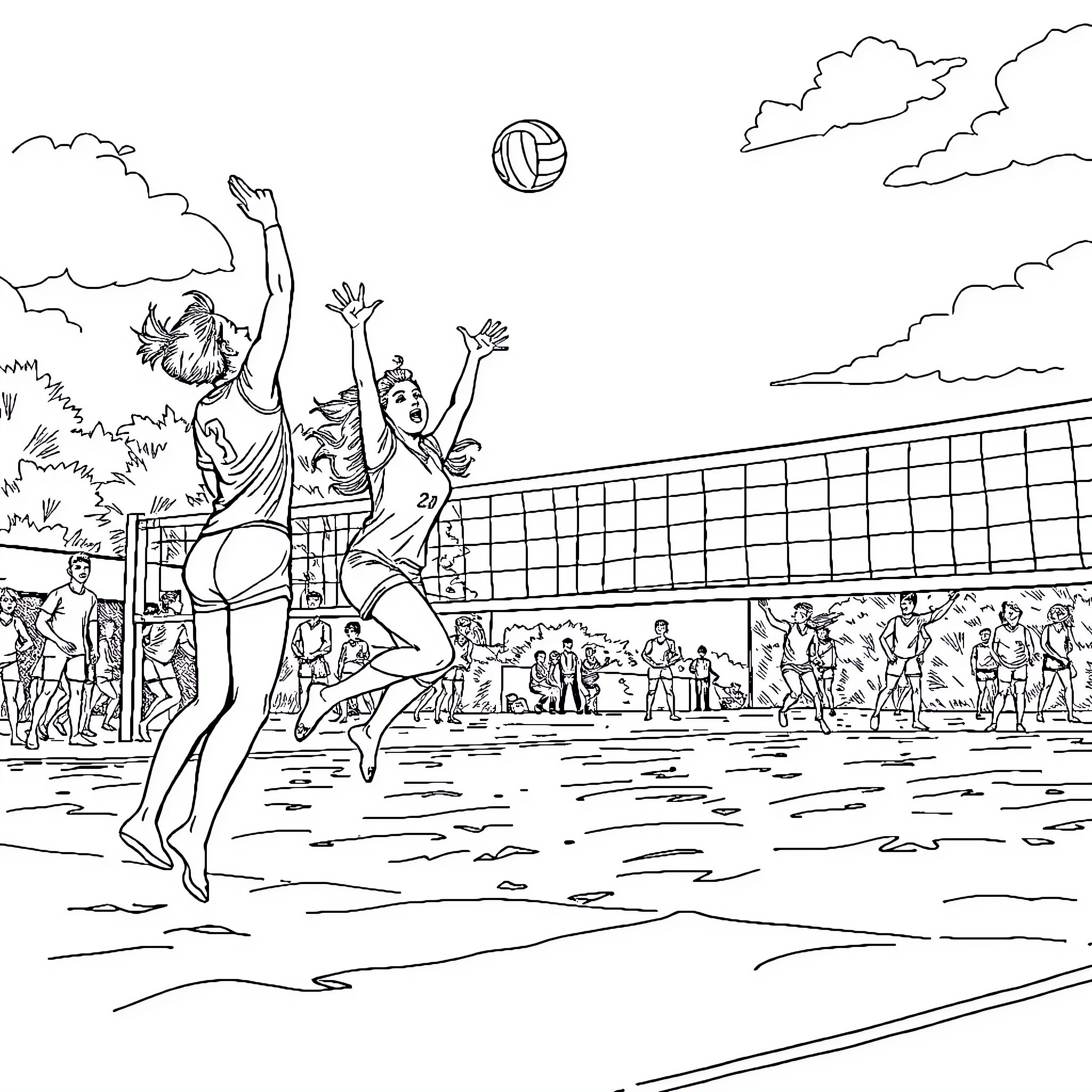 Volleyball players in action during a tournament Coloring Page (free black-and-white line drawing printable PDF for all, from beginners to advanced learners, including children, teens, adults, and seniors)
