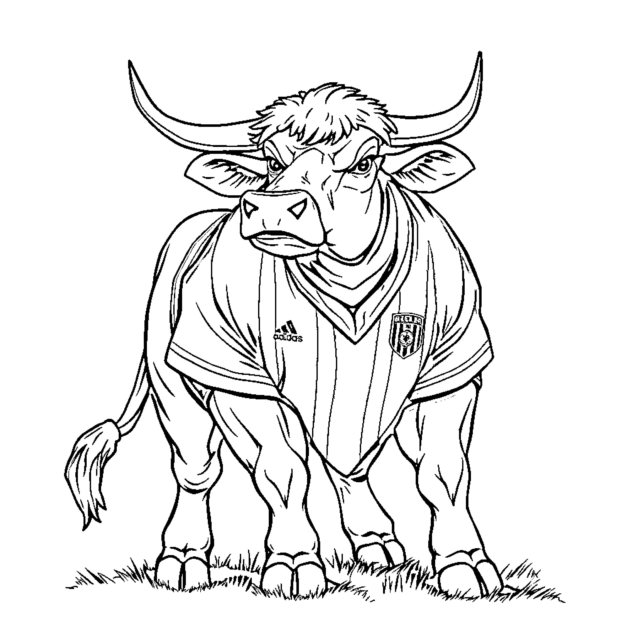 Chiva - Anthropomorphic Highland Cow in Sports Uniform Coloring Page (free black-and-white line drawing printable PDF for all, from beginners to advanced learners, including children, teens, adults, and seniors)