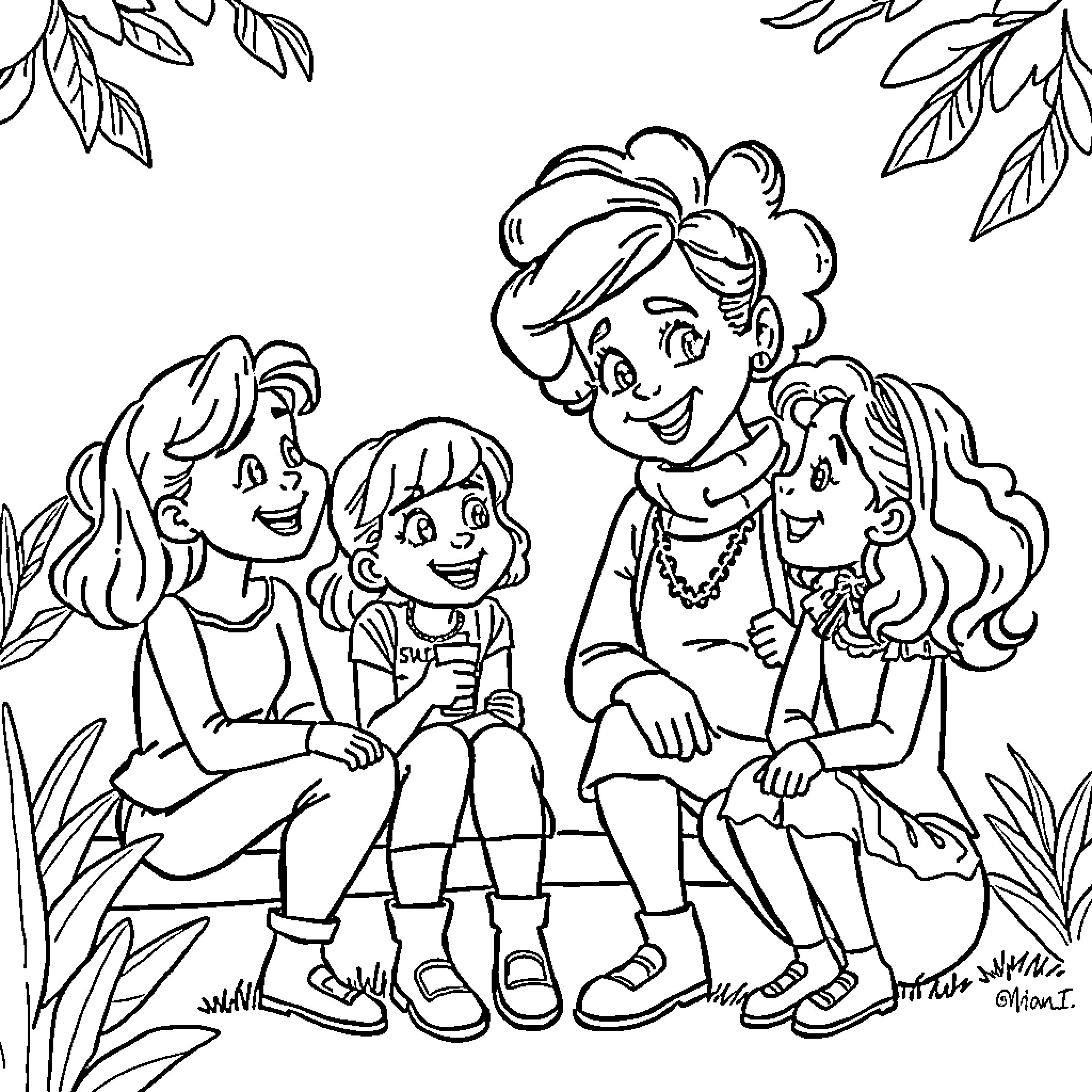 Chat with friends in the garden Coloring Page (free black-and-white line drawing printable PDF for all, from beginners to advanced learners, including children, teens, adults, and seniors)