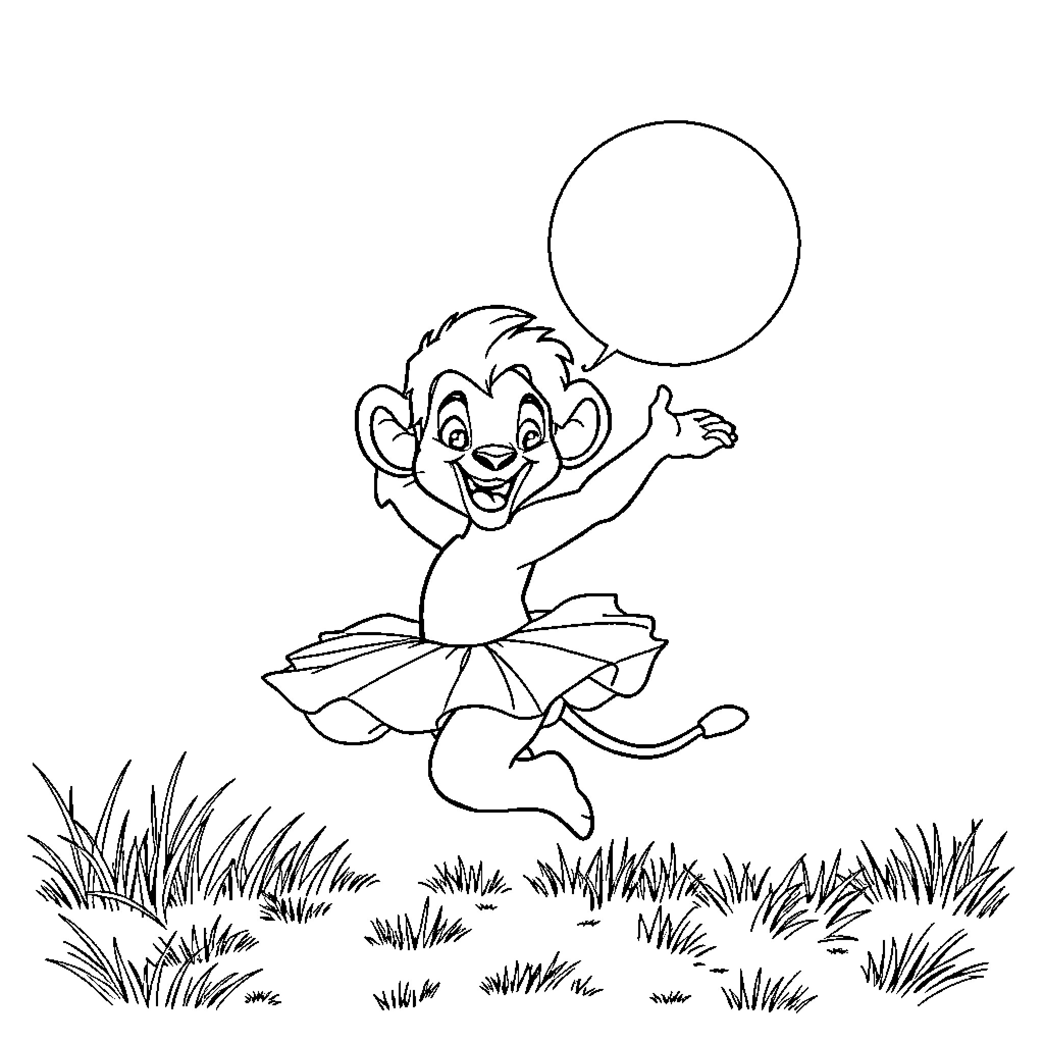 Simba joyfully jumping in the grass Coloring Page (free black-and-white line drawing printable PDF for all, from beginners to advanced learners, including children, teens, adults, and seniors)