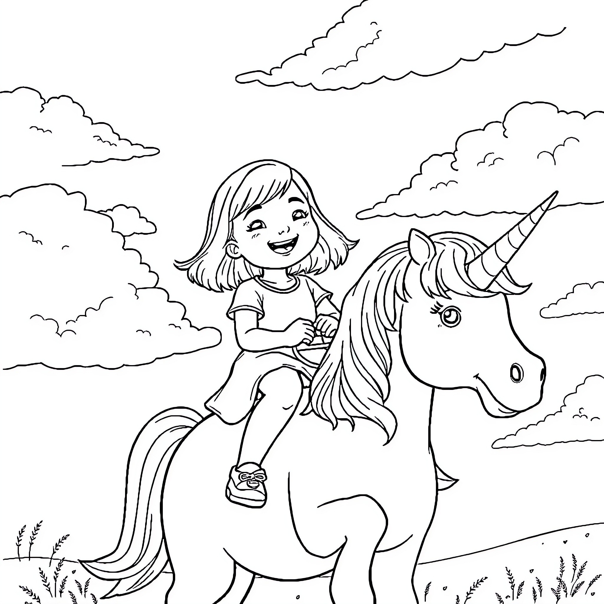Girl riding a magical unicorn in the clouds Coloring Page (free black-and-white line drawing printable PDF for all, from beginners to advanced learners, including children, teens, adults, and seniors)