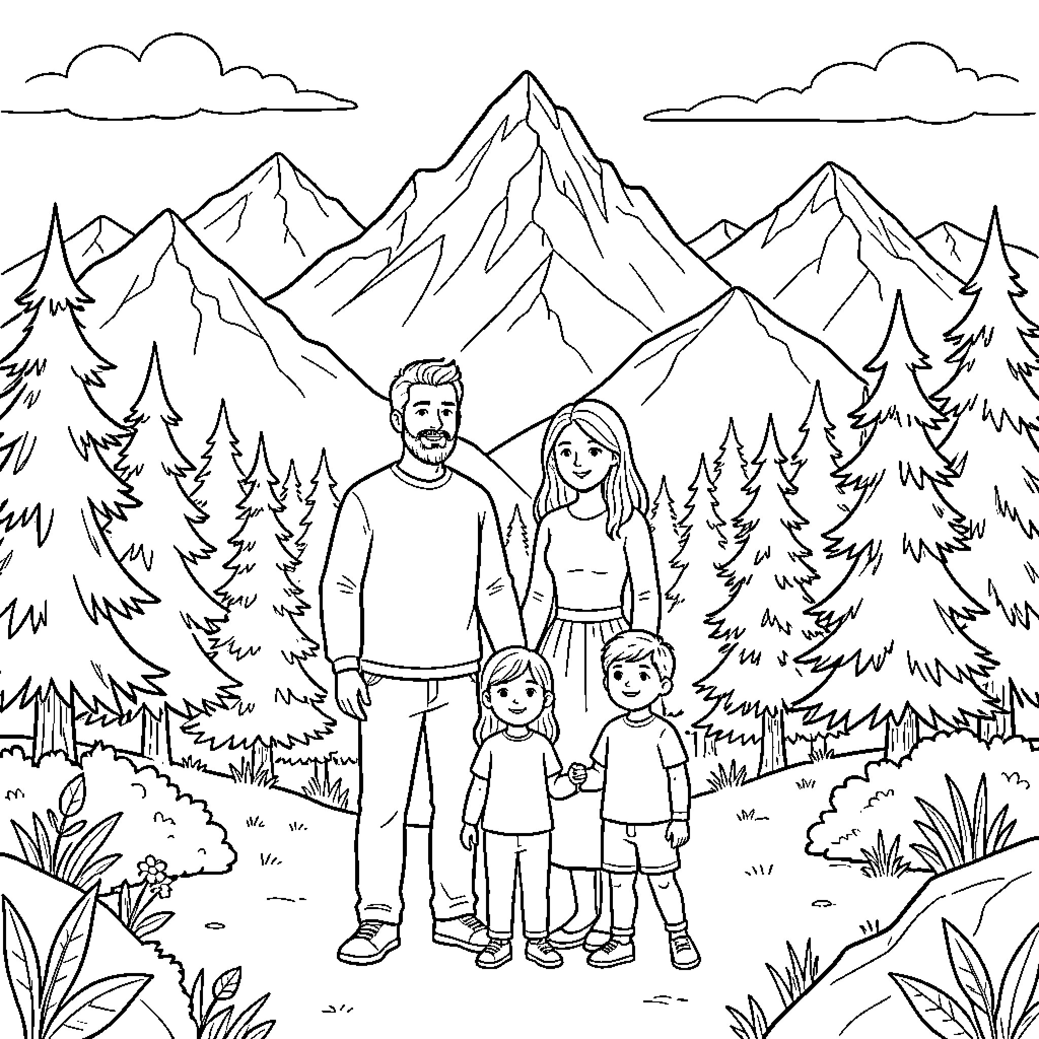 Family standing together smiling in a mountain forest Coloring Page (free black-and-white line drawing printable PDF for all, from beginners to advanced learners, including children, teens, adults, and seniors)
