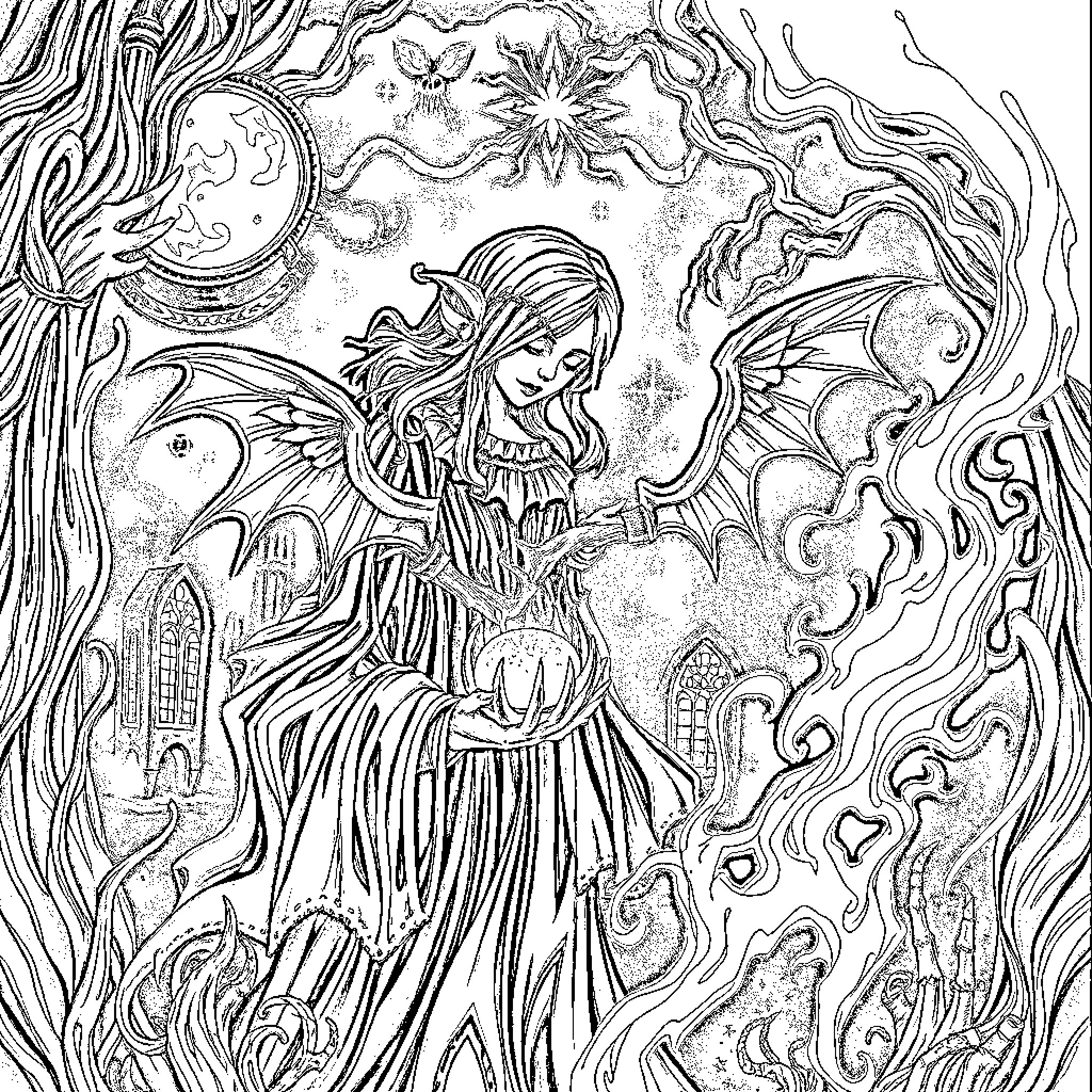 Romantasy Fairy Princess in Fantastical Realm Coloring Page (free black-and-white line drawing printable PDF for all, from beginners to advanced learners, including children, teens, adults, and seniors)