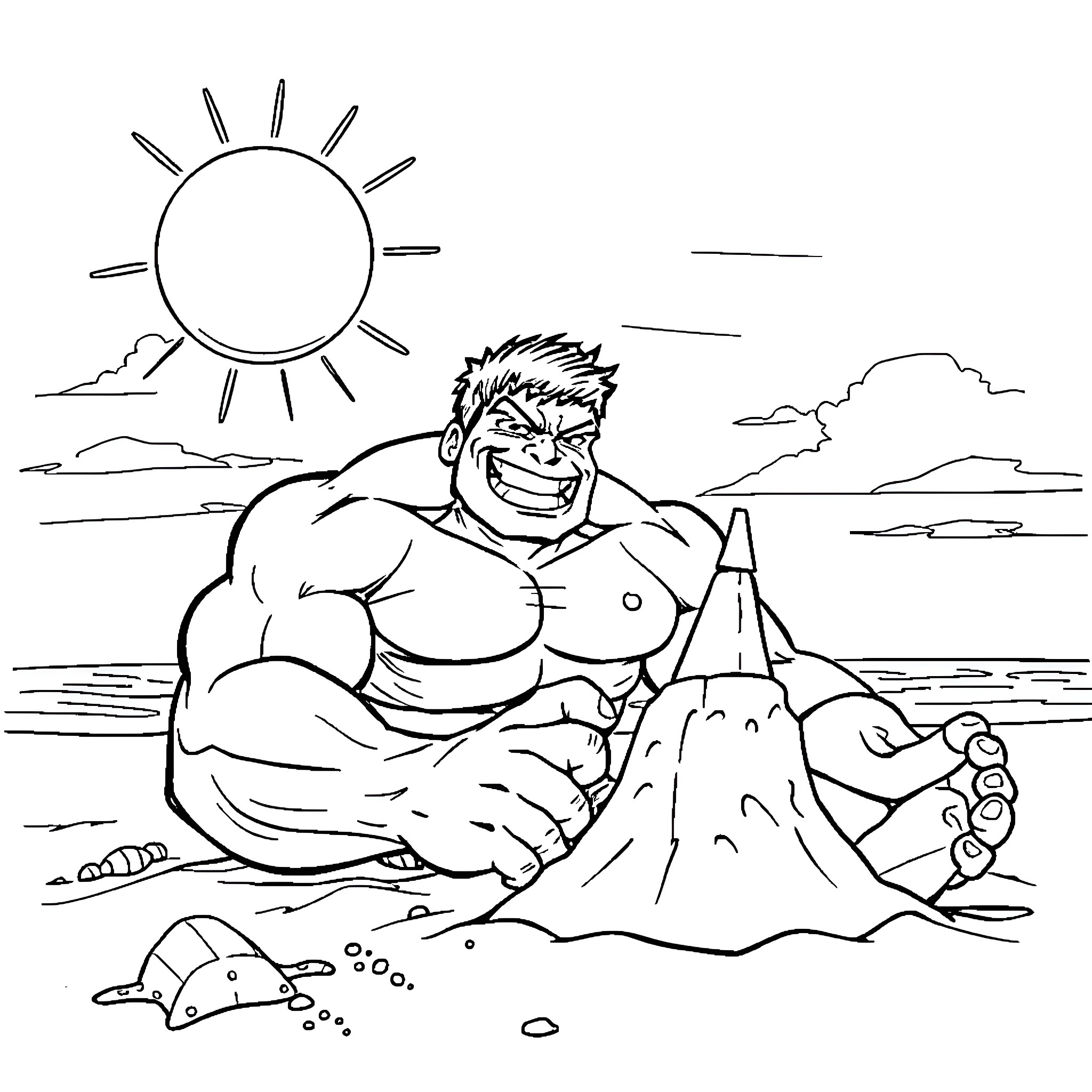 Hulk building a sand castle on the beach Coloring Page (free black-and-white line drawing printable PDF for all, from beginners to advanced learners, including children, teens, adults, and seniors)
