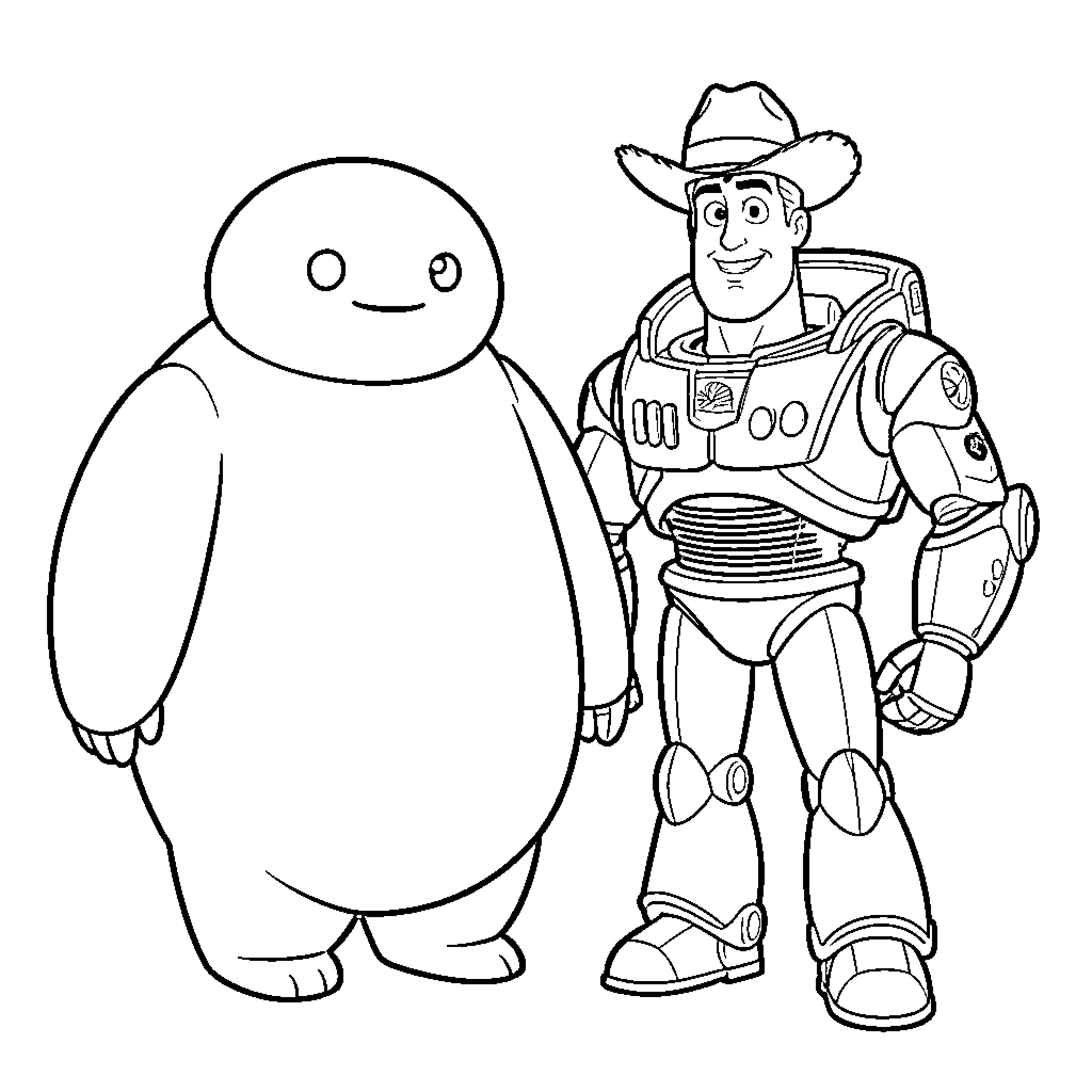 Baymax and Buzz Lightyear standing side by side Coloring Page (free black-and-white line drawing printable PDF for all, from beginners to advanced learners, including children, teens, adults, and seniors)