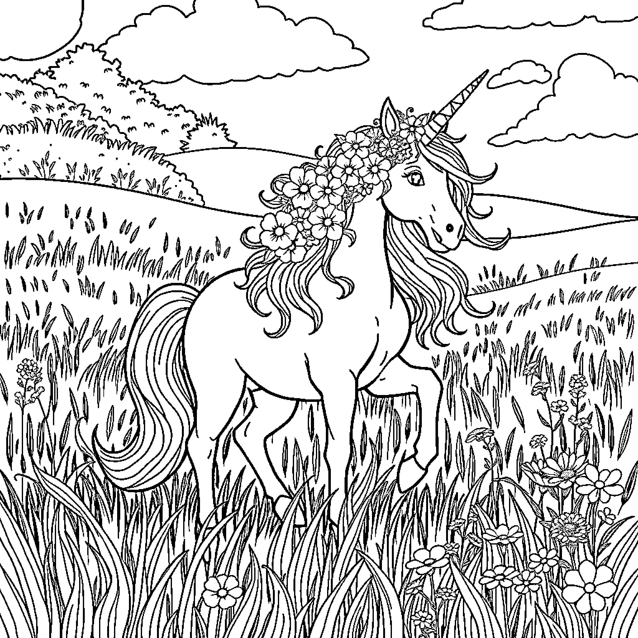 Unicorn Strolling Through a Whimsical Meadow Coloring Page (free black-and-white line drawing printable PDF for all, from beginners to advanced learners, including children, teens, adults, and seniors)