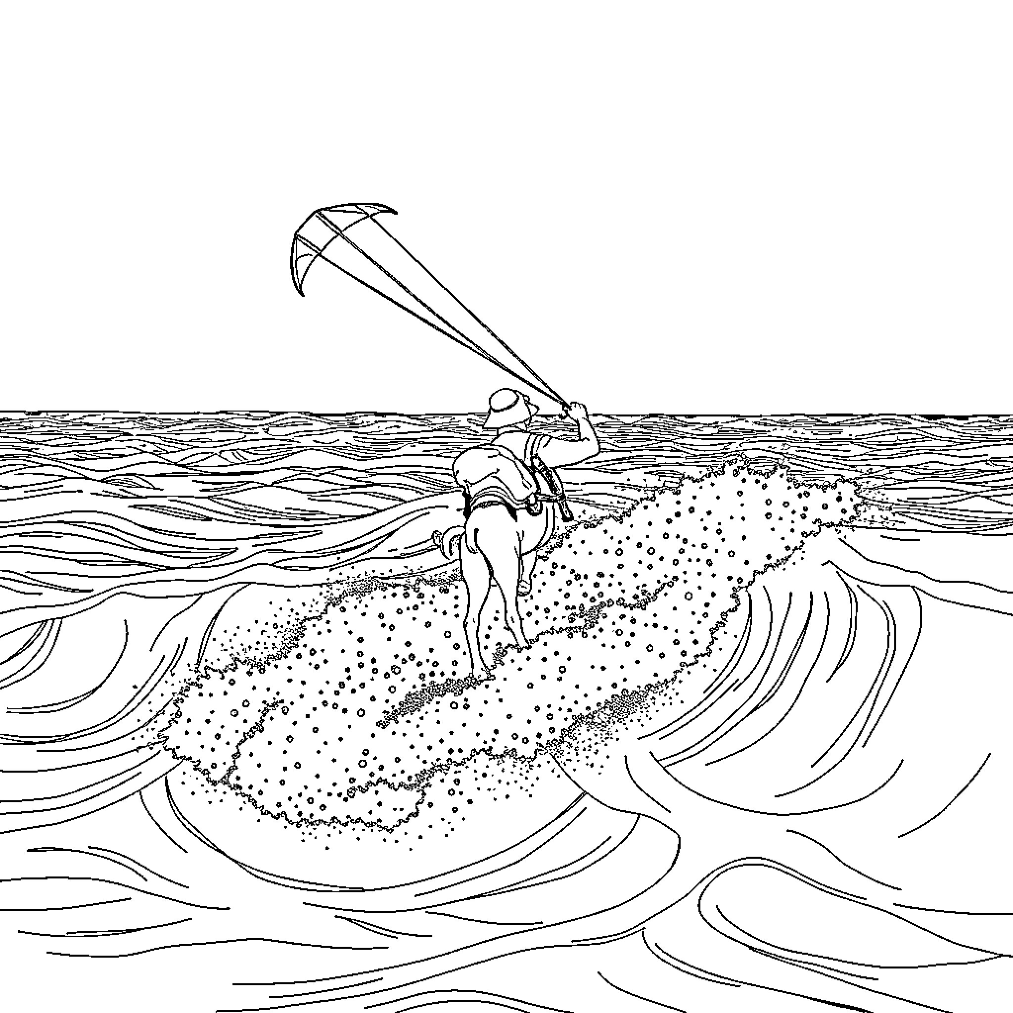 Camel Riding Waves and Kitesurfing on the Surf Coloring Page (free black-and-white line drawing printable PDF for all, from beginners to advanced learners, including children, teens, adults, and seniors)